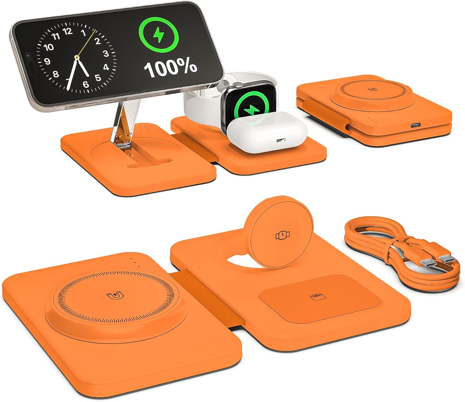 3 in 1 Magnetic Wireless Charger for Apple Multiple Devices, Foldable Fast Charging Station - Magsafe Charger Stand, Travel Charger Pad for iPhone 17 16 15 14 13 12 Series/Apple Watch/AirPods Orange