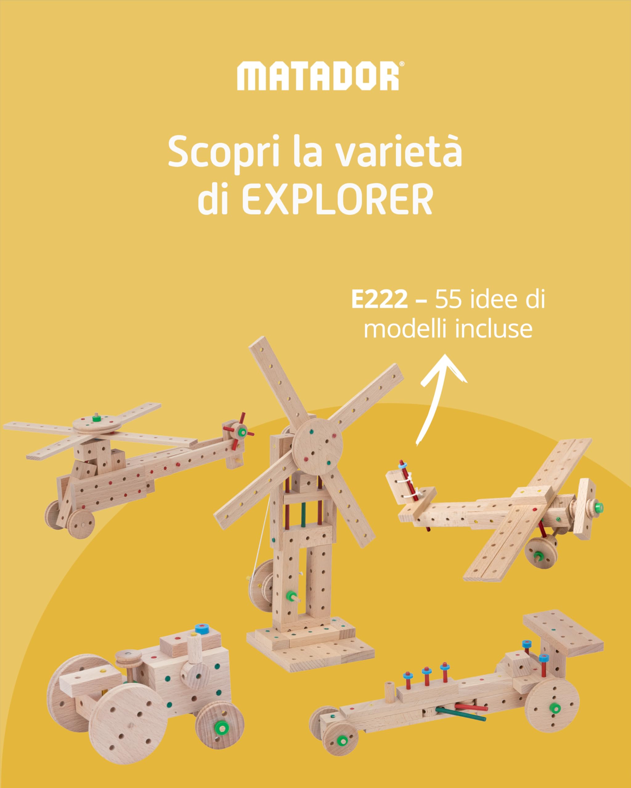 Matador Set di Costruzioni per Bambini da 5 Anni – 222 Pezzi | Gioco di Costruzioni in Legno coinvolgente per sviluppare creatività e motricità fine, con aste, Blocchi, Martello e Pinza