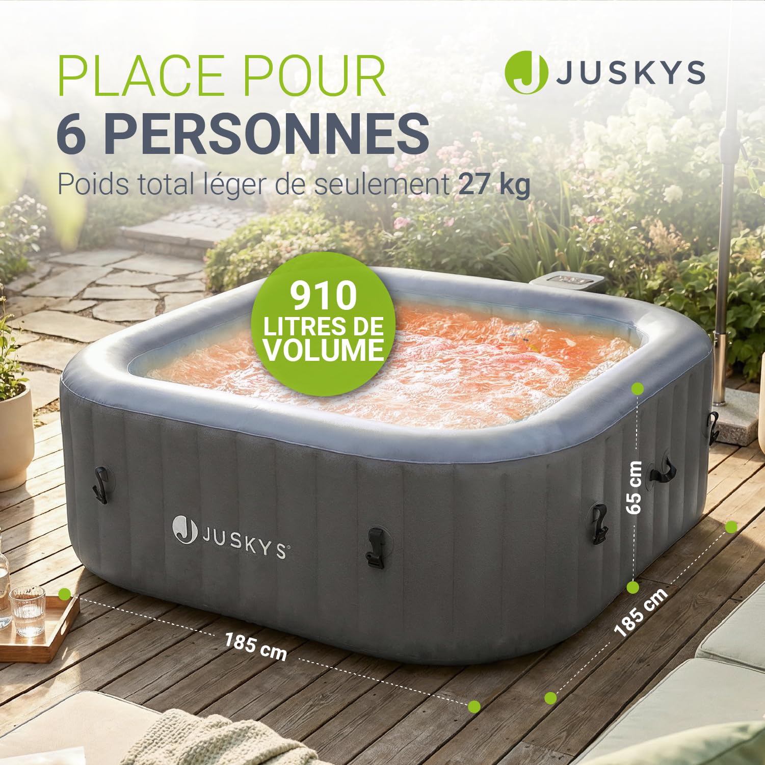 JUSKYS® Bain bouillonnant SpaLuxe – Structure extérieure, 130 Buses, Puissance Totale 3000 W, éclairage LED Gris/Bleu
