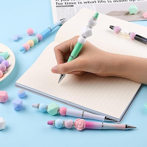 Miniatura 5 de Juego de 16 bolígrafos de plástico con cuentas surtidas, cuentas de silicona, juego de cuentas espaciadoras de cristal, tinta negra, juego de