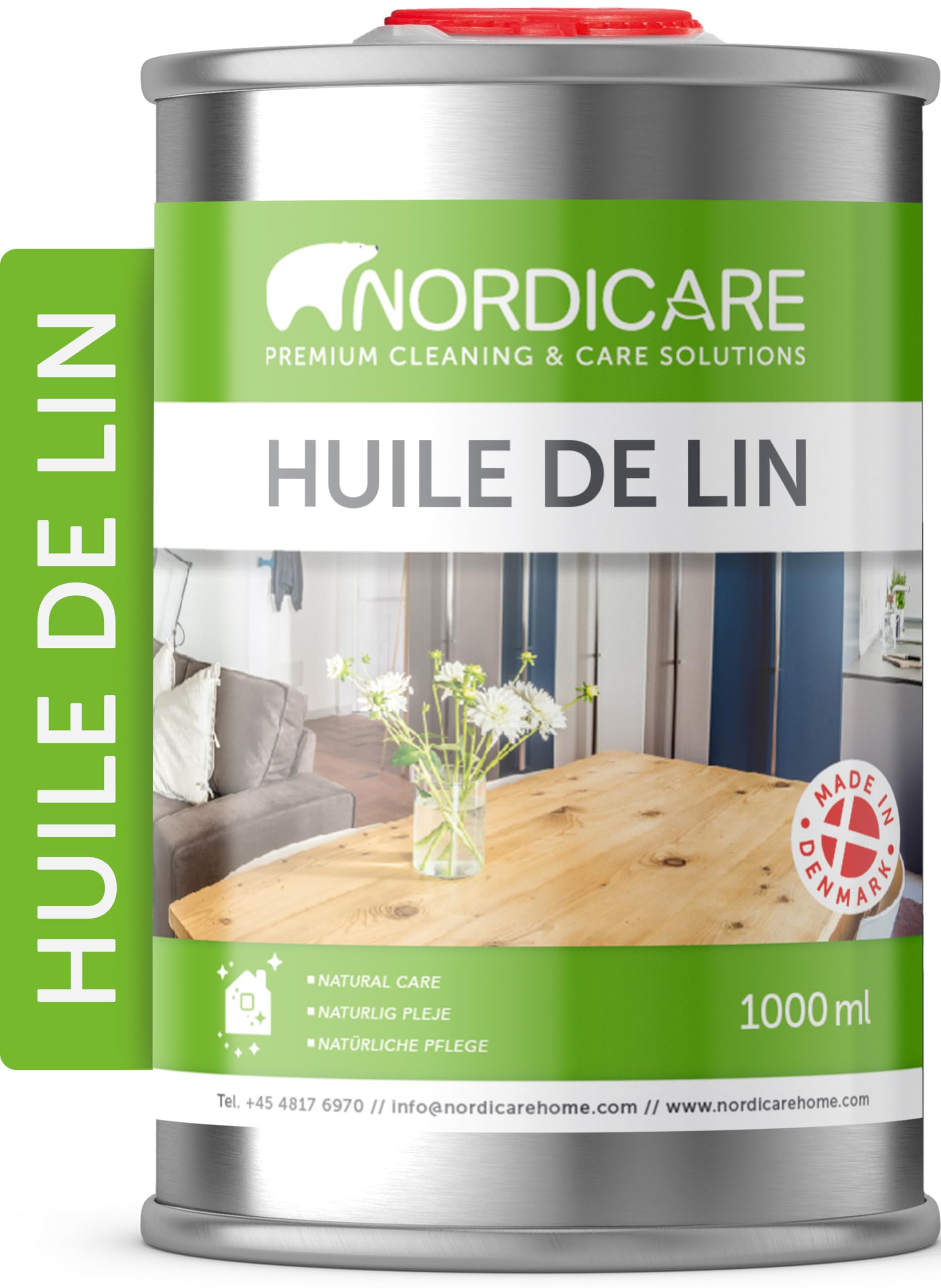 Nordicare Huile de lin pour bois – Huile de lin 100 % pure et naturelle pour meubles d'intérieur – Qualité alimentaire soulignant la structure originale – Fabriquée au Danemark (1 l)