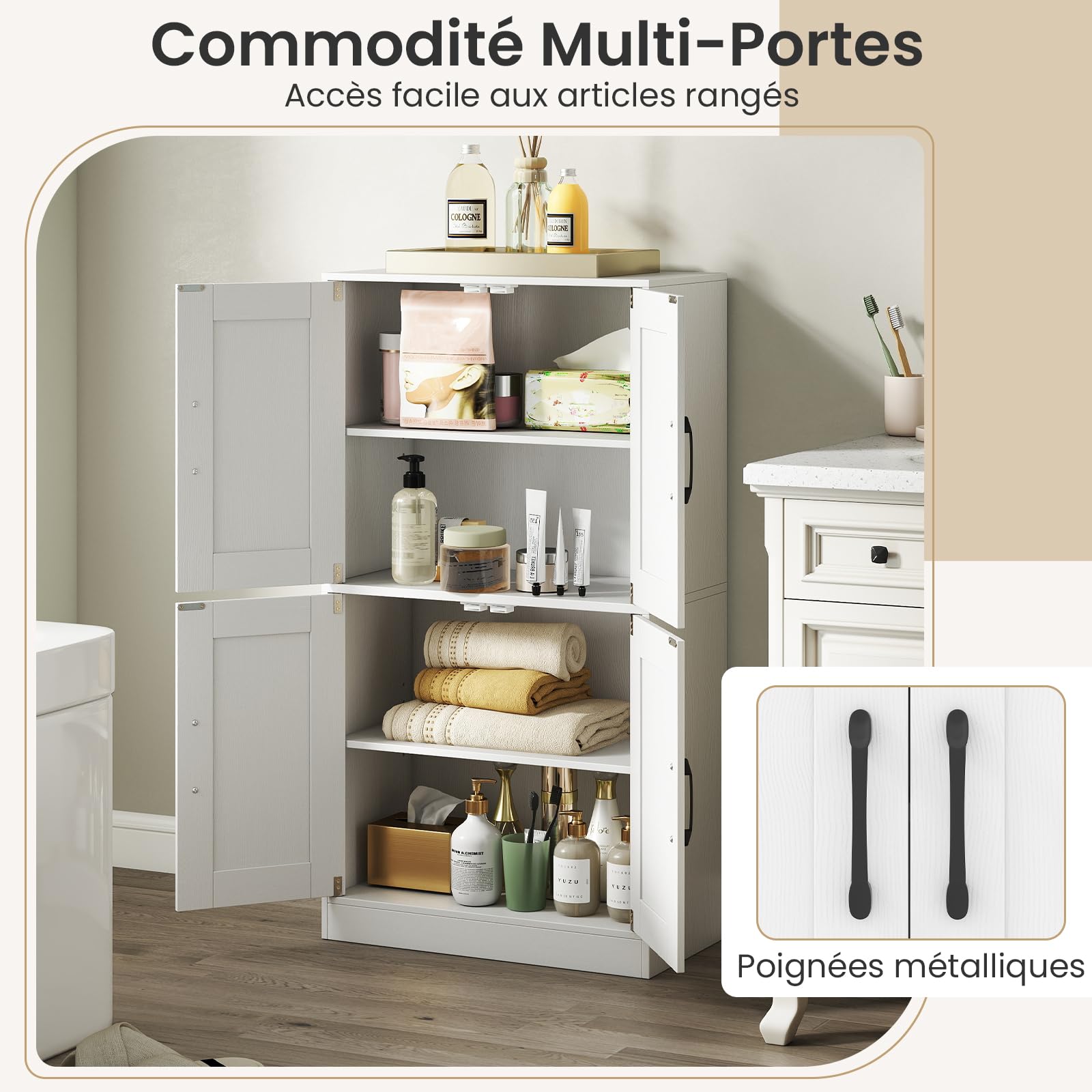COSTWAY Armoire de Salle de Bain, Meuble de Rangement avec 4 Portes, Placard de Cuisine Étagères Réglables, Armoire de Rangement pour Salon, Bureau, Chambre, 30 x 60 x 110 cm (Blanc)