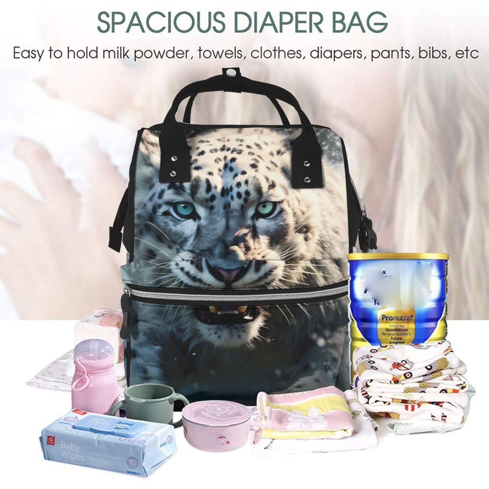 Wickeltaschen-Rucksack, große Kapazität, wasserdicht, für Mütter, modischer Reiserucksack, Blauäugiger Schneeleopard, One size