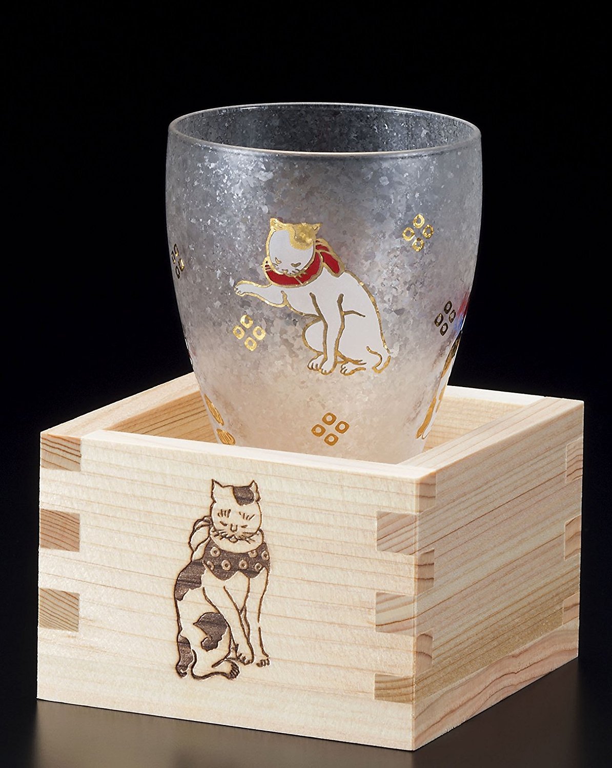 Aderia Japan Edo Neko (cat) MasuZake Glass (Japanese Sake Glass) w/Masu Box Cute Cats Prosperous Business 6782