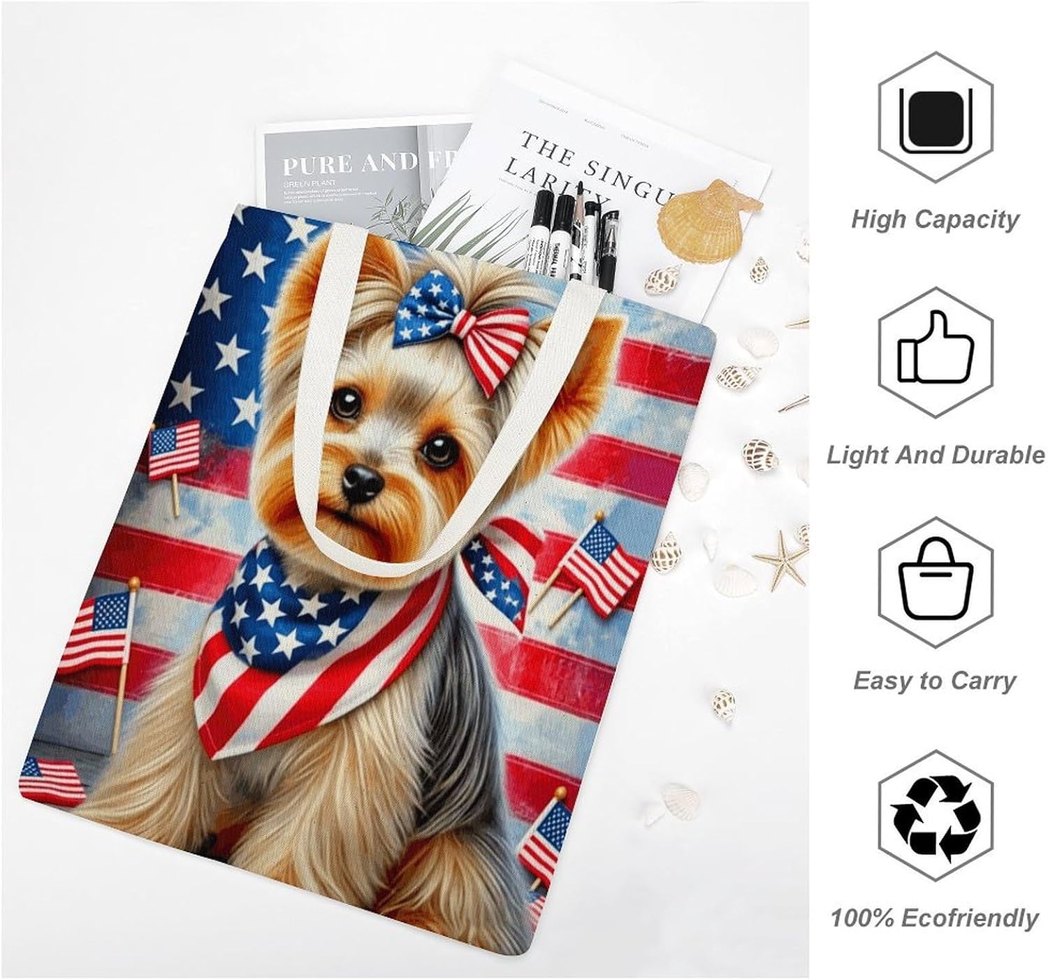 Patriotic Dog Canvas Tote Bag Reusable Grocery Bags Foldable Soft Cotton Shoulder Carry Bag
