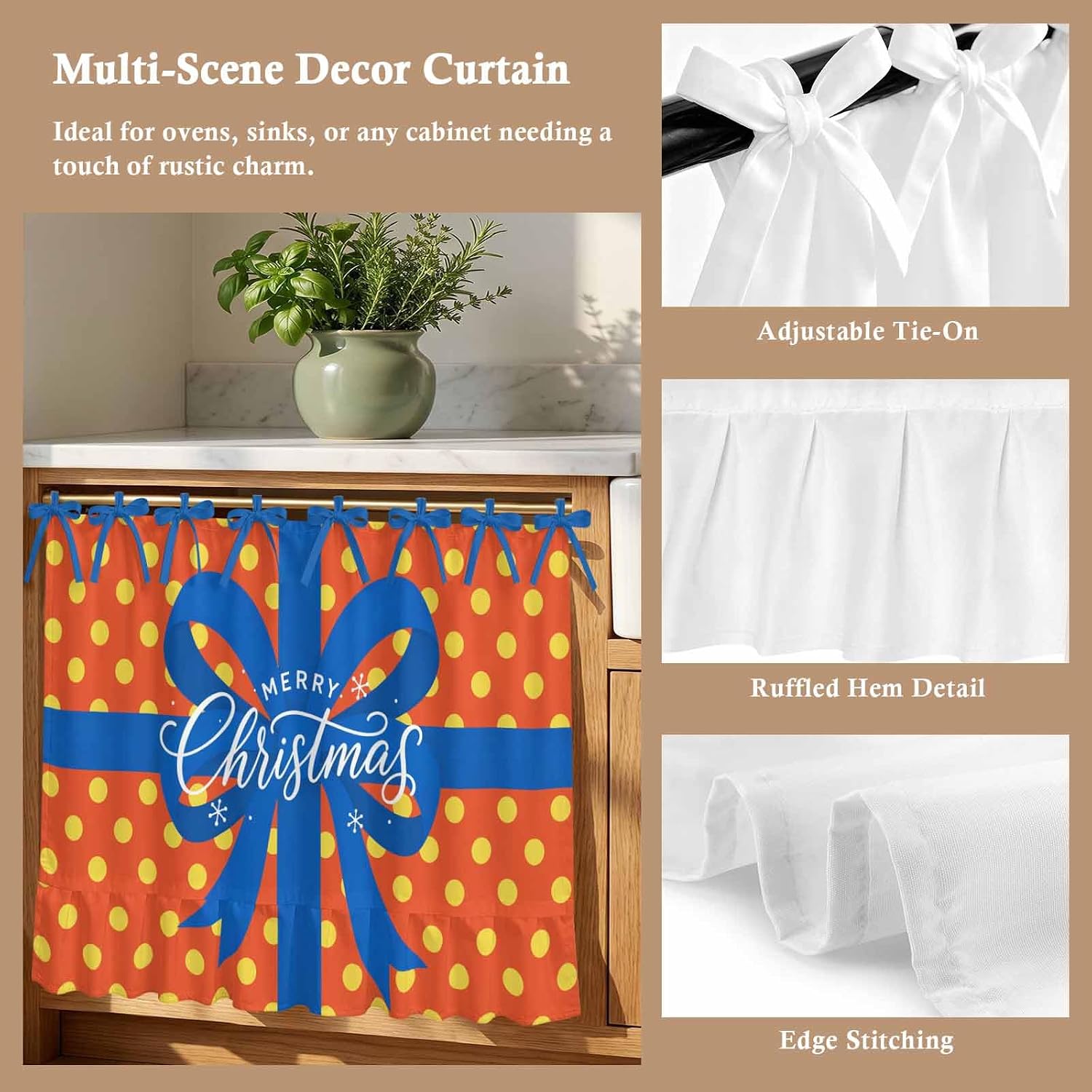 Merry Christmas Oven Curtain with Tie Top, Minimalist Blue Ribbon Bow Orange Polka Dot Oven Skirt Curtains with Tie Top Cabinet Cover Curtain for Small Kitchen Apartment Decor 27 x 20 Inches image 2