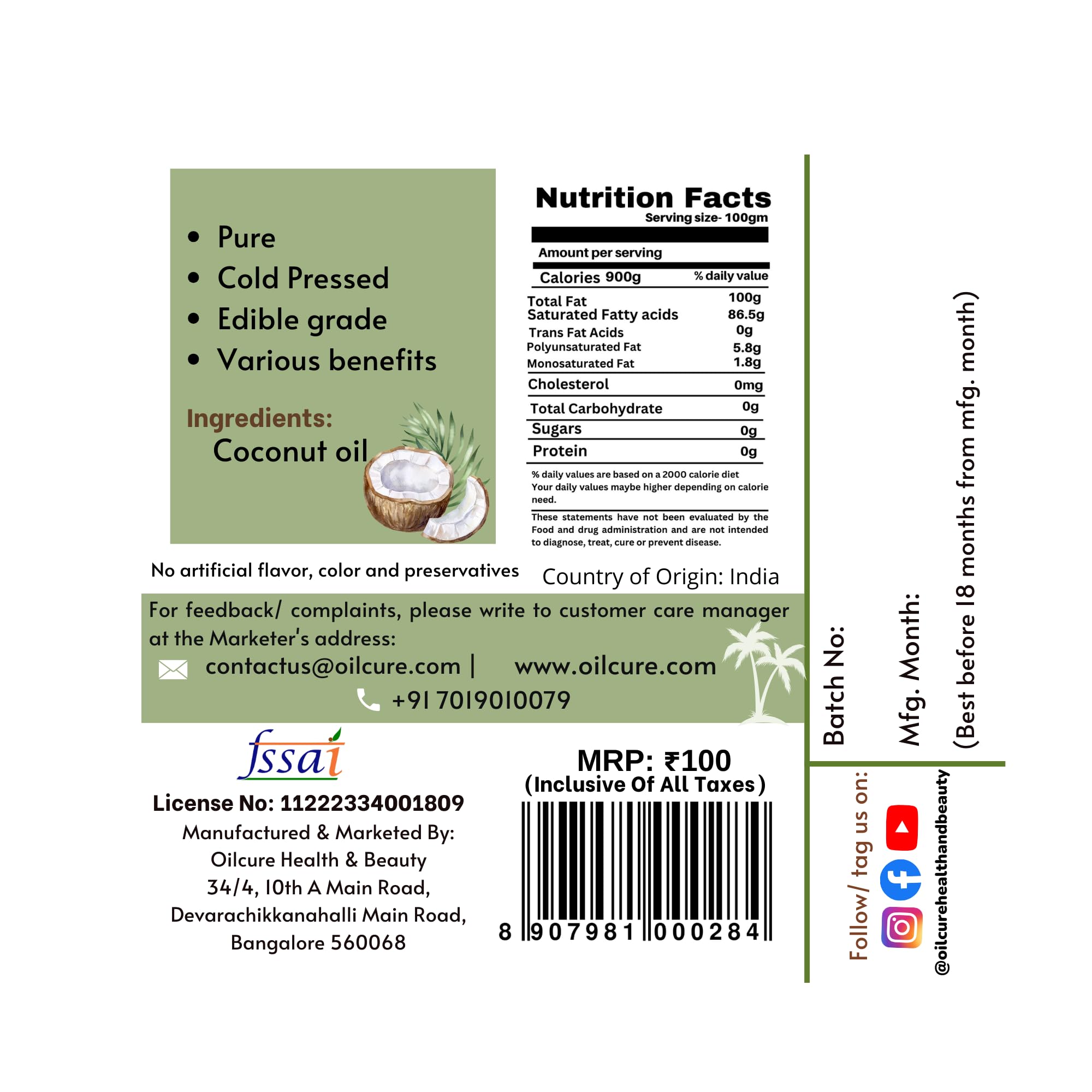 Oilcure Virgin Coconut Oil Cold Pressed - 100 ml - Image 2 thumbnail