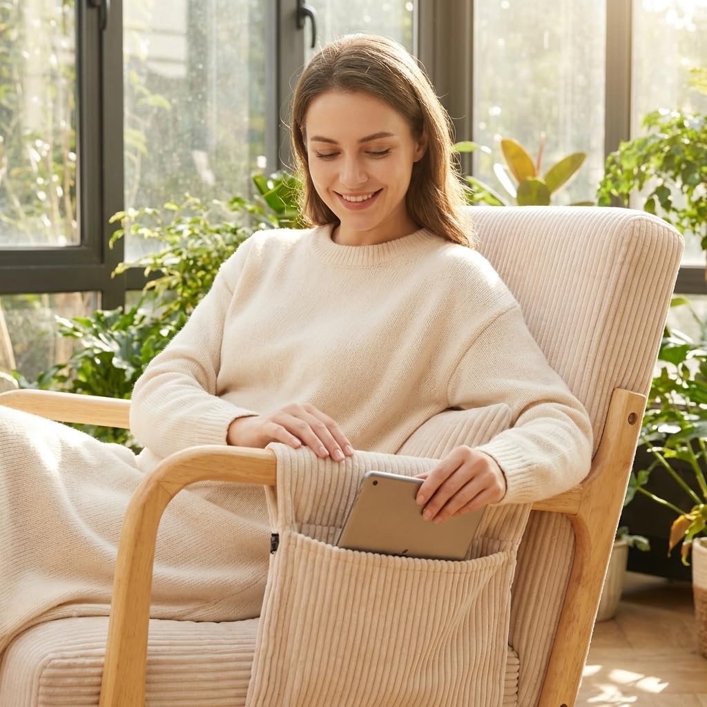 Accent Chair Mid Century Modern Chair with Side Storage Pocket, Upholstered Living Room Chairs Armchair Lumbar Cushion & Solid Wood Frame for Bedroom, Easy Assembly, Beige