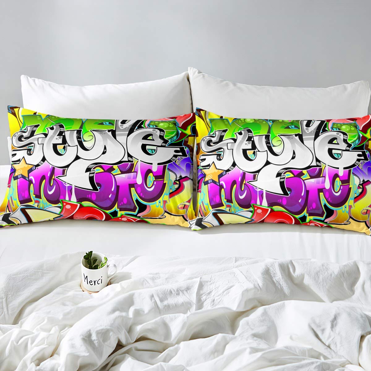 Loussiesd Hippie Graffiti Bettwäsche Set 135x200cm Teenager Hip Hop Stil Betten Set für Kinder Jungen Jugend Graffiti Muster Bettbezug Set Atmungsaktives Straßenkultur Thema Bettwäsche