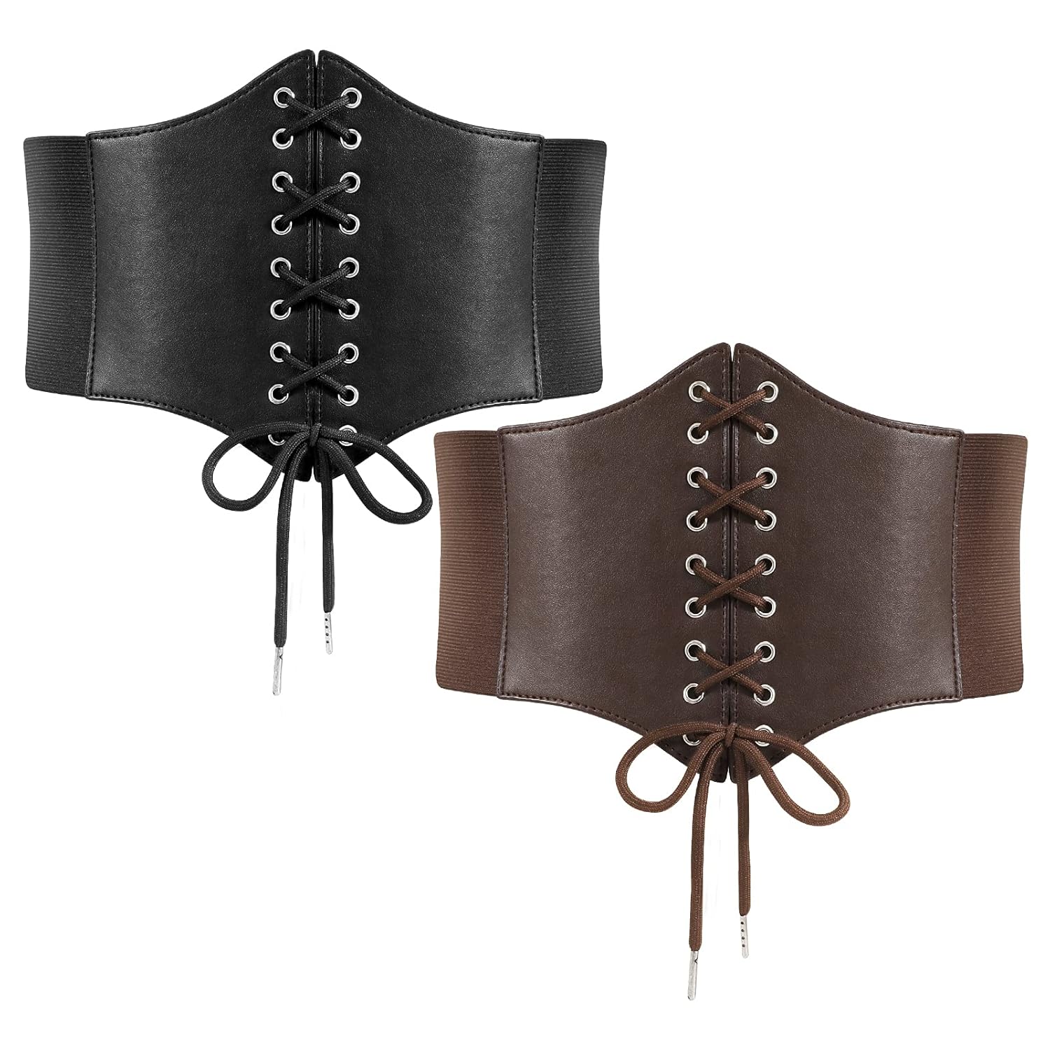 LEACOOLKEY 2 Pack Lace-up Cinch Belts Women Corset Waist Belt Tied Corset Elastic Belt Wide Belt for Women