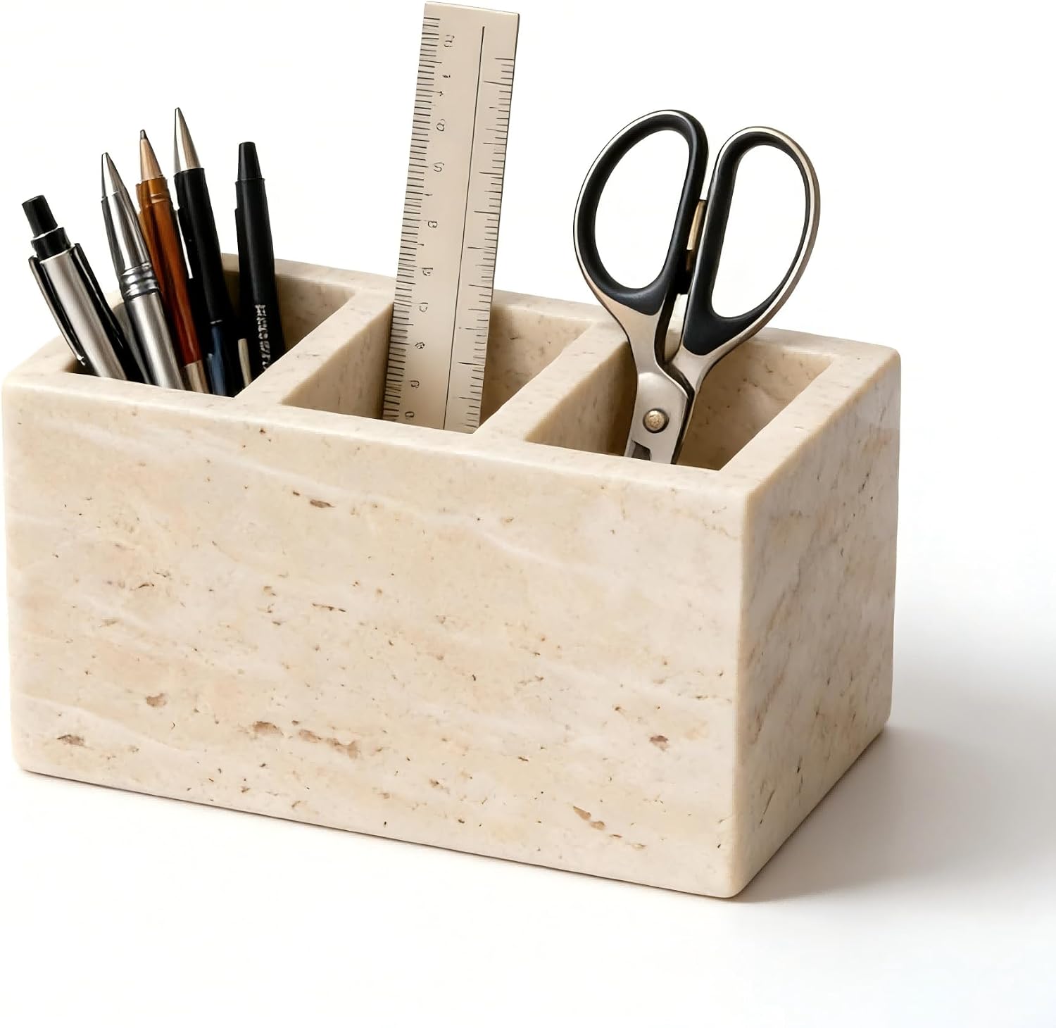 Natural Travertine Stone Desktop Organizer, 3 Compartment Pen Holder for Pens, Makeup Brushes, Office Supplies and Bathroom Counter Decor, 5.91 x 3.94 x 3.94 in