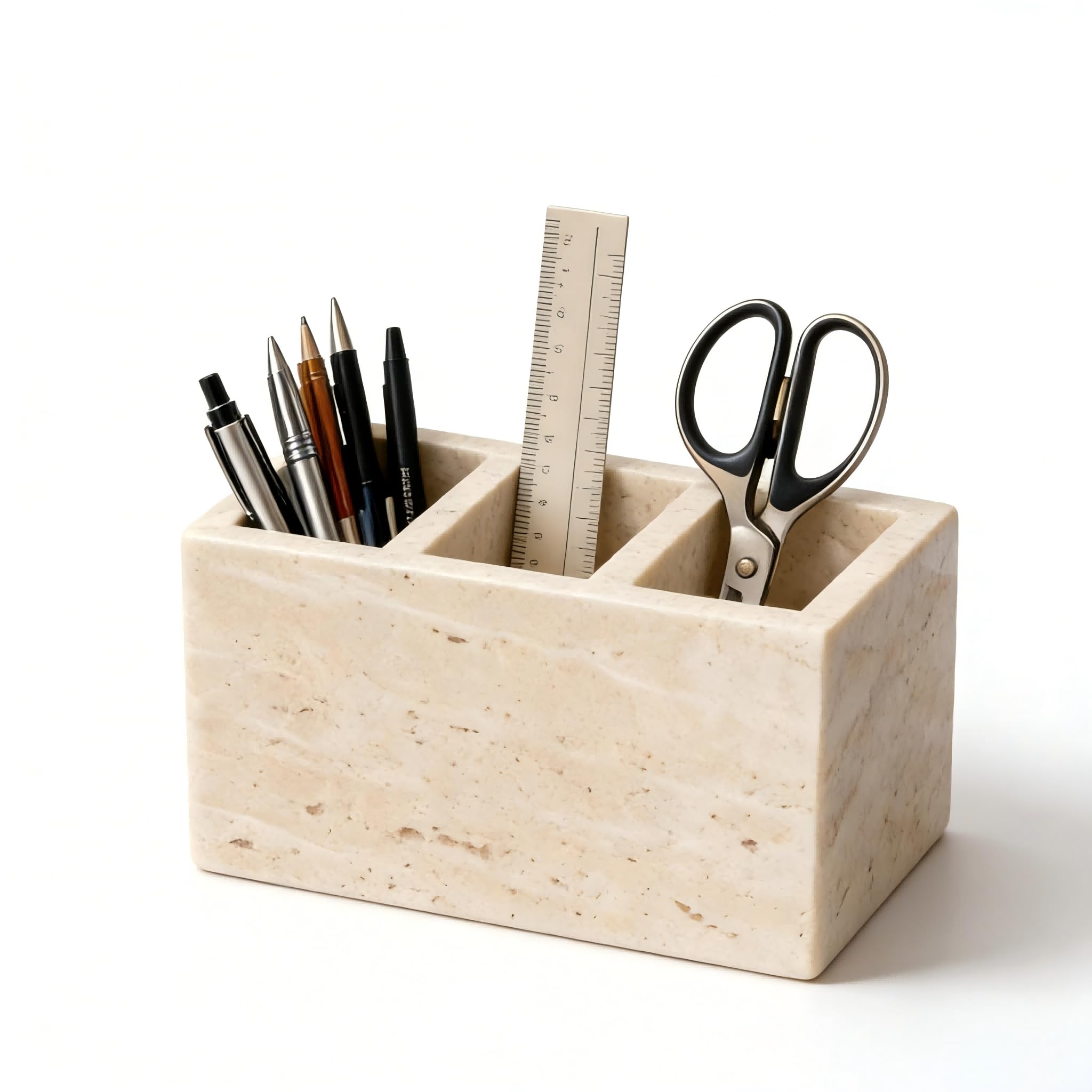 Organizer da scrivania in travertino, 3 scomparti | Per penne, pennelli da trucco, forniture per ufficio e decorazione del bancone del bagno, 15 x 10 x 10 cm