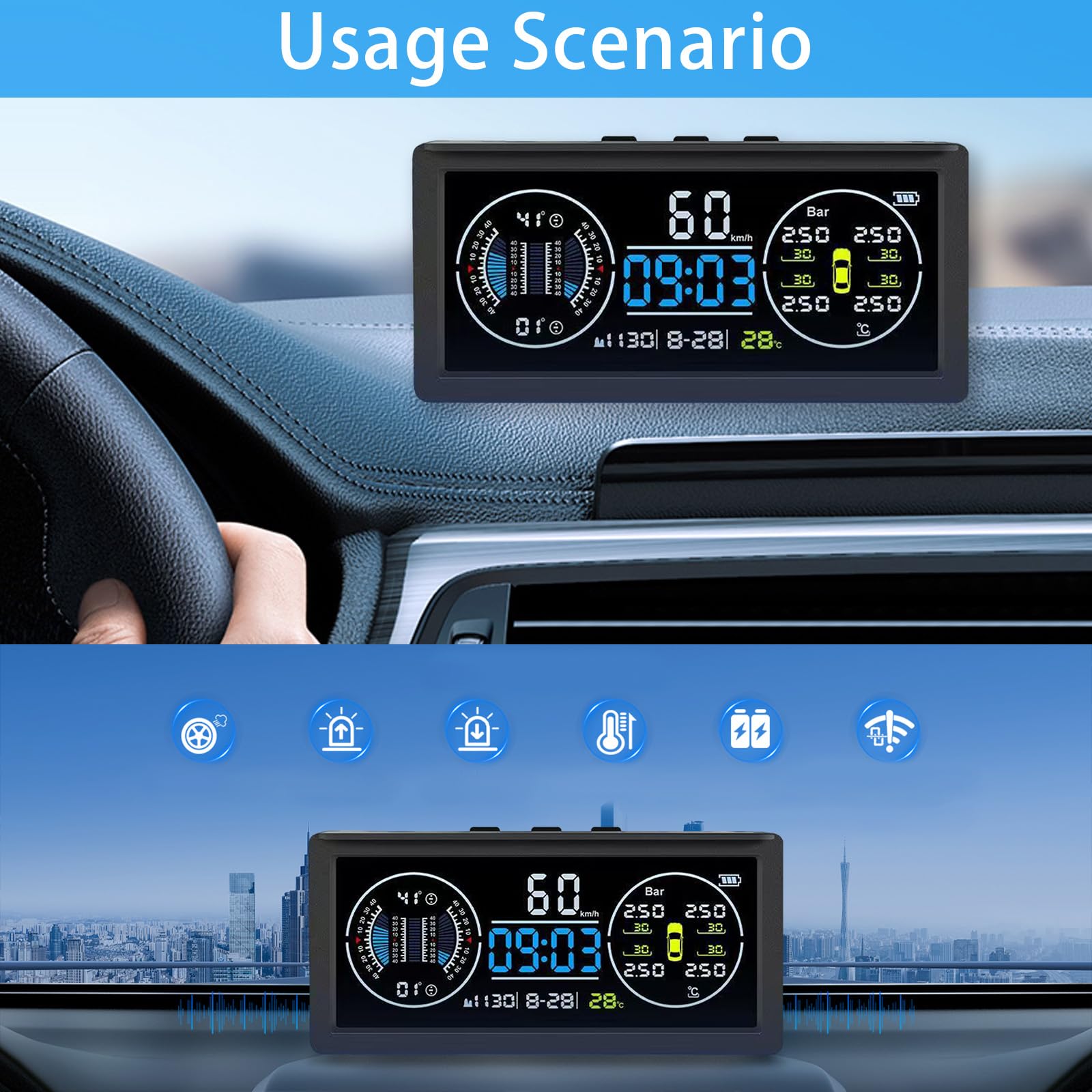 Multifunktional Reifendruckkontrollsystem, TPMS mit 4 Externen Sensoren | Solaraufladung Monitor Universal Geschwindigkeit mit Farbiger LCD Anzeige 9.9BAR/199Psi für Van RV LKW SUV