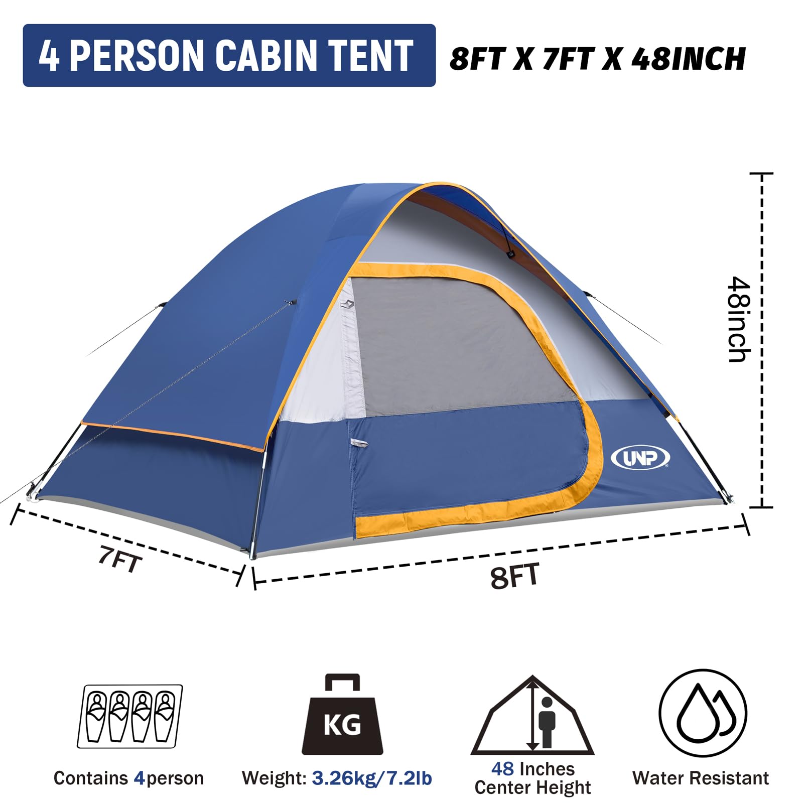 UNP Camping Tent 4 Person, Waterproof Windproof Tent with Rainfly Easy Set Up Portable Dome Tents for Camping (Navy Blue)