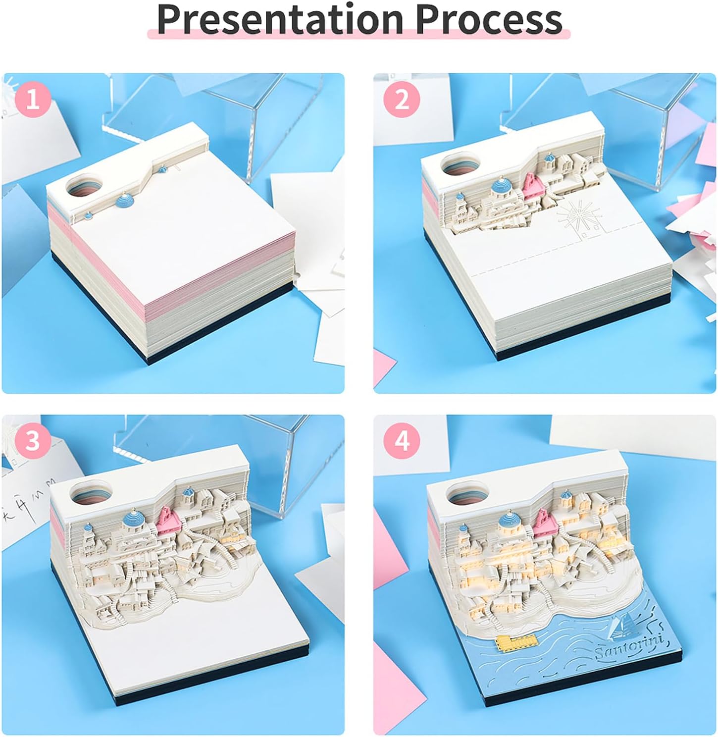 3D Memo Pad,Aegean-Santorini 3D Art Notepad Paper Sculpture Craft Notes Paper with Silhouette, Non-Sticky Note Pad Cubes Note Cards Stickers Post Notes for Office/Home