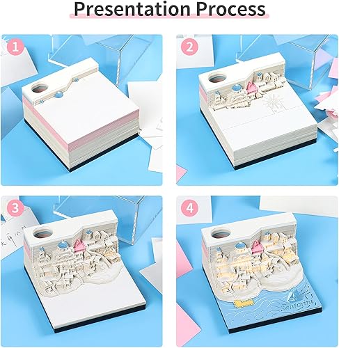 Miniatura 5 de Bloc de notas 3D, Aegean-Santorini - Bloc de notas de arte 3D, escultura de papel, notas artesanales, papel con silueta, bloc de notas no adhesivas,