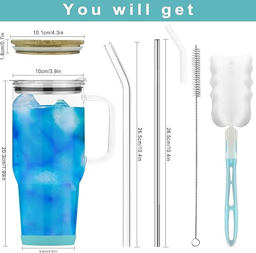 Miniatura 2 de Vaso de vidrio de 32 onzas con popote y tapa de bambú, taza de agua de vidrio de gran capacidad con asa, taza de café helado reutilizable con