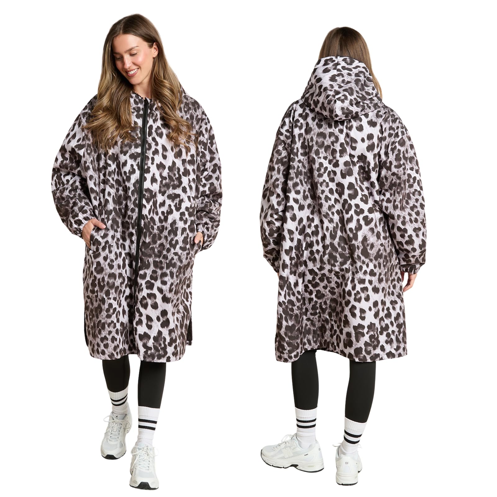 OHS Women's Jackets Changing Robe, Leopard Print Oversized Waterproof Jacket Fleece Lining Rain Coats for Women with Hood & Pockets Dry Robes Adult Womens Ladies Jackets for Outdoor, Mono - S/M