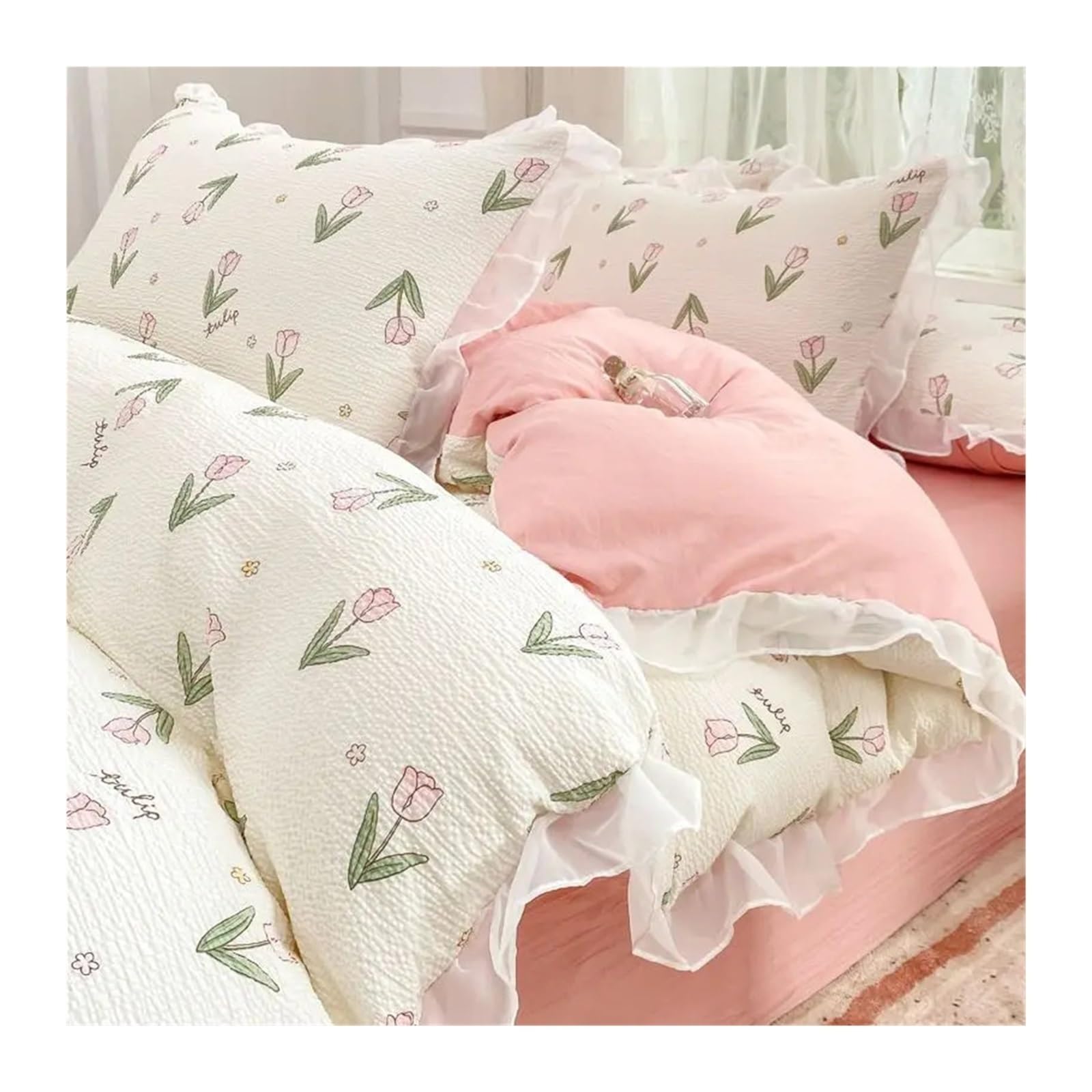 Housse couette petites fleurs Queen avec drap plat et taie d'oreiller en dentelle