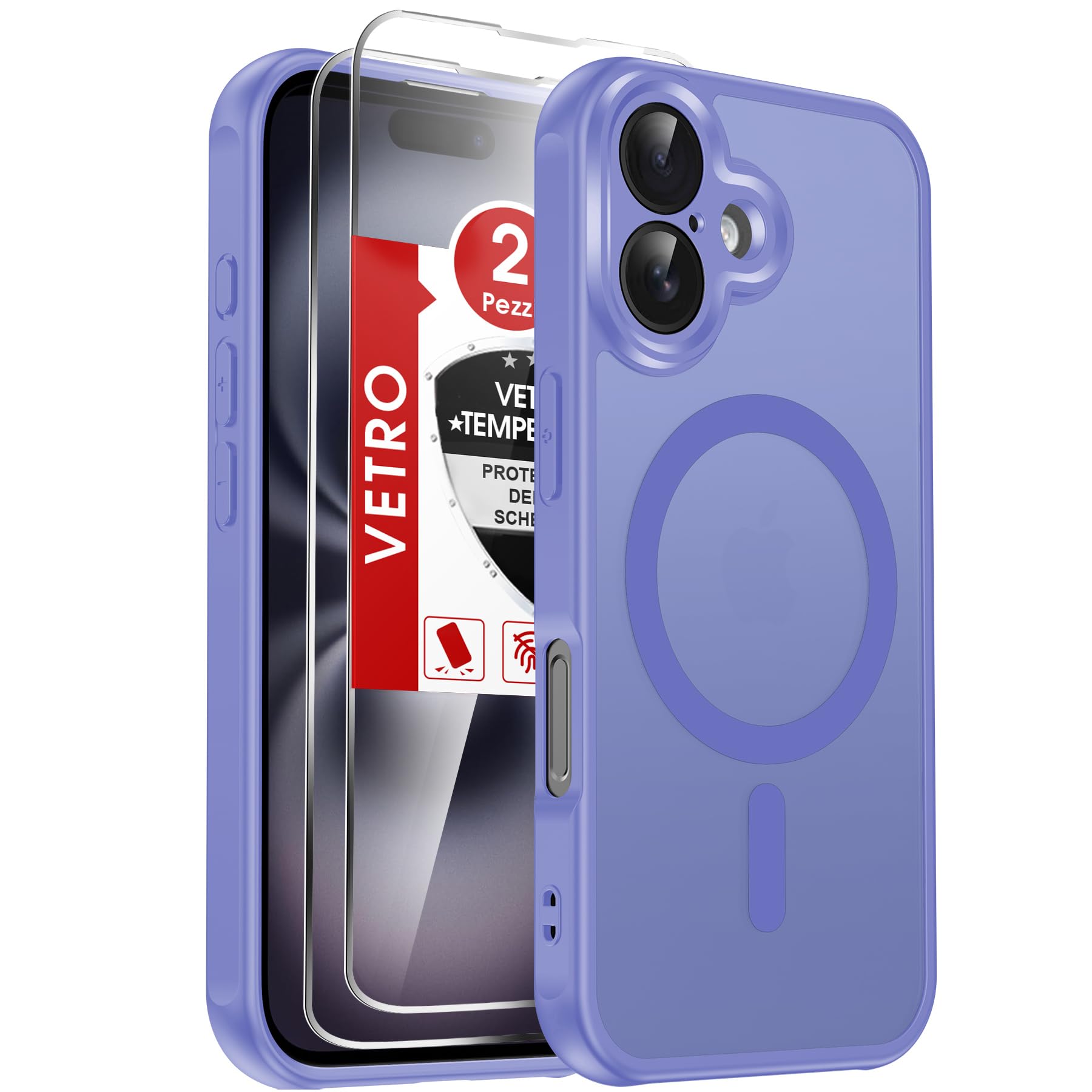 LeYi Cover Magnetica per iPhone 16 con 2 Pezzi Vetro Temperato(Azzurro) | Custodia per iPhone 16 Traslucida Opaca Anti-Impronte Resistente ai Graffi Paraurti in TPU Antiurto Protettiva Case 6,1''