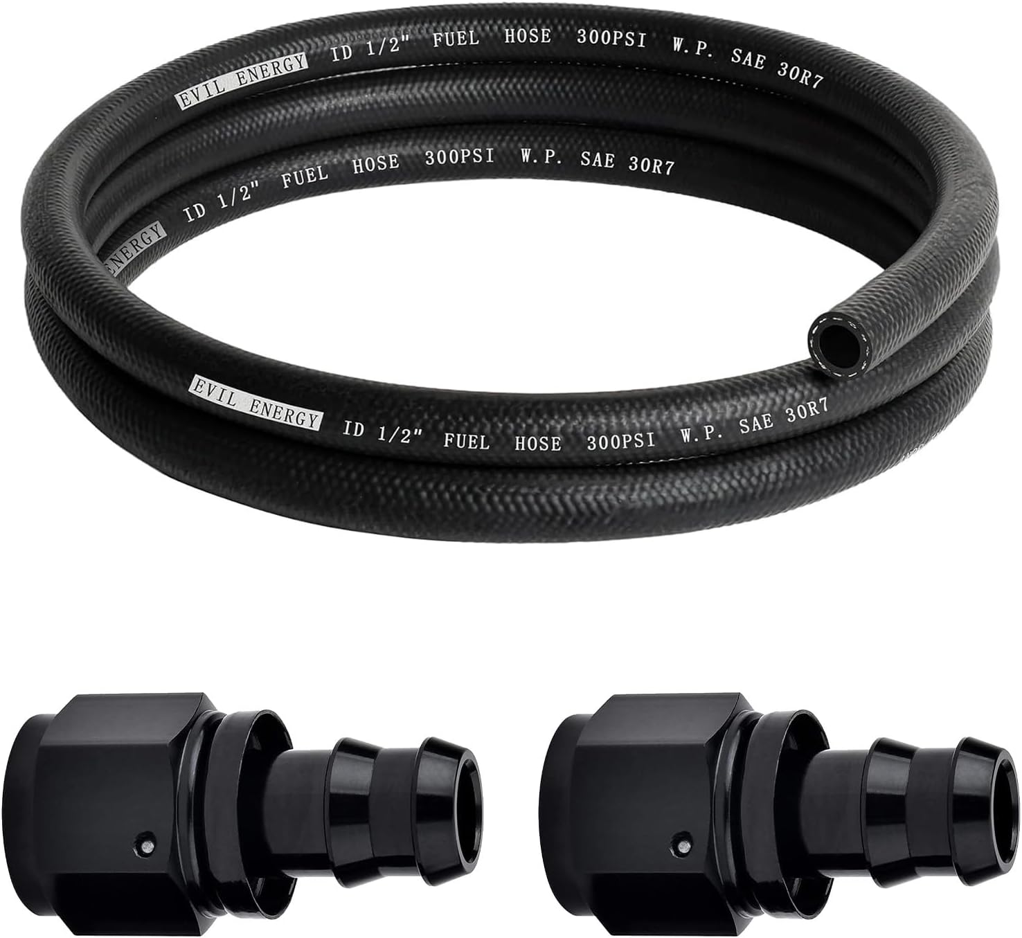 EVIL ENERGY 1/2 Fuel Hose Line Push Lock SAE 30R7 NBR 5FT 300PSI Bundle With 8AN Straight Push Lock Hose Fitting Black 2PCS