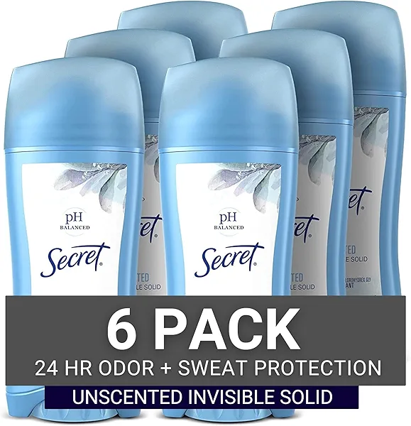 Secret Antiperspirant and Deodorant Women, Original Unscented Invisible Solid, pH Balanced, 2.6 Oz (Pack of 6)