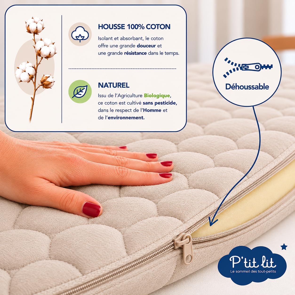 P'TIT LIT - Matelas Enfant/Bébé Coton Bio - 70x140 cm - 100% Coton : matière Naturelle d'origine Végétale - sans Traitement Chimique - Déhoussable - Oeko Tex® - Fabrication Française