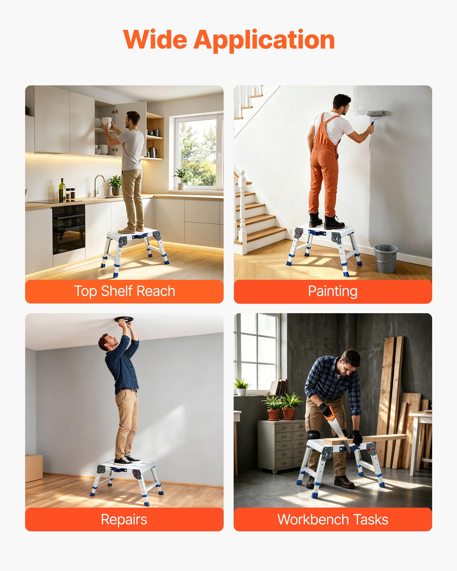 VEVOR Plataforma Plegable de Trabajo, Altura Ajustable de 305 ​​a 406 mm, Capacidad de 226,8 kg, Escalera-Taburete de Aluminio Portátil, Plegable, Antideslizante para Pintura, Mantenimiento y Hogar