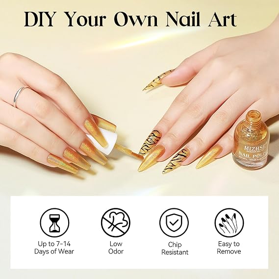 MIZHSE Holographic Nail Polish, Gold Glitter Nail Polish Air Dry Fast | 15 ml 0.5 fl oz High Glossy Shiny Nail Pigment Oil-based Laser Iridescent Chrome Halo Nail Art Salon Manicure Home
