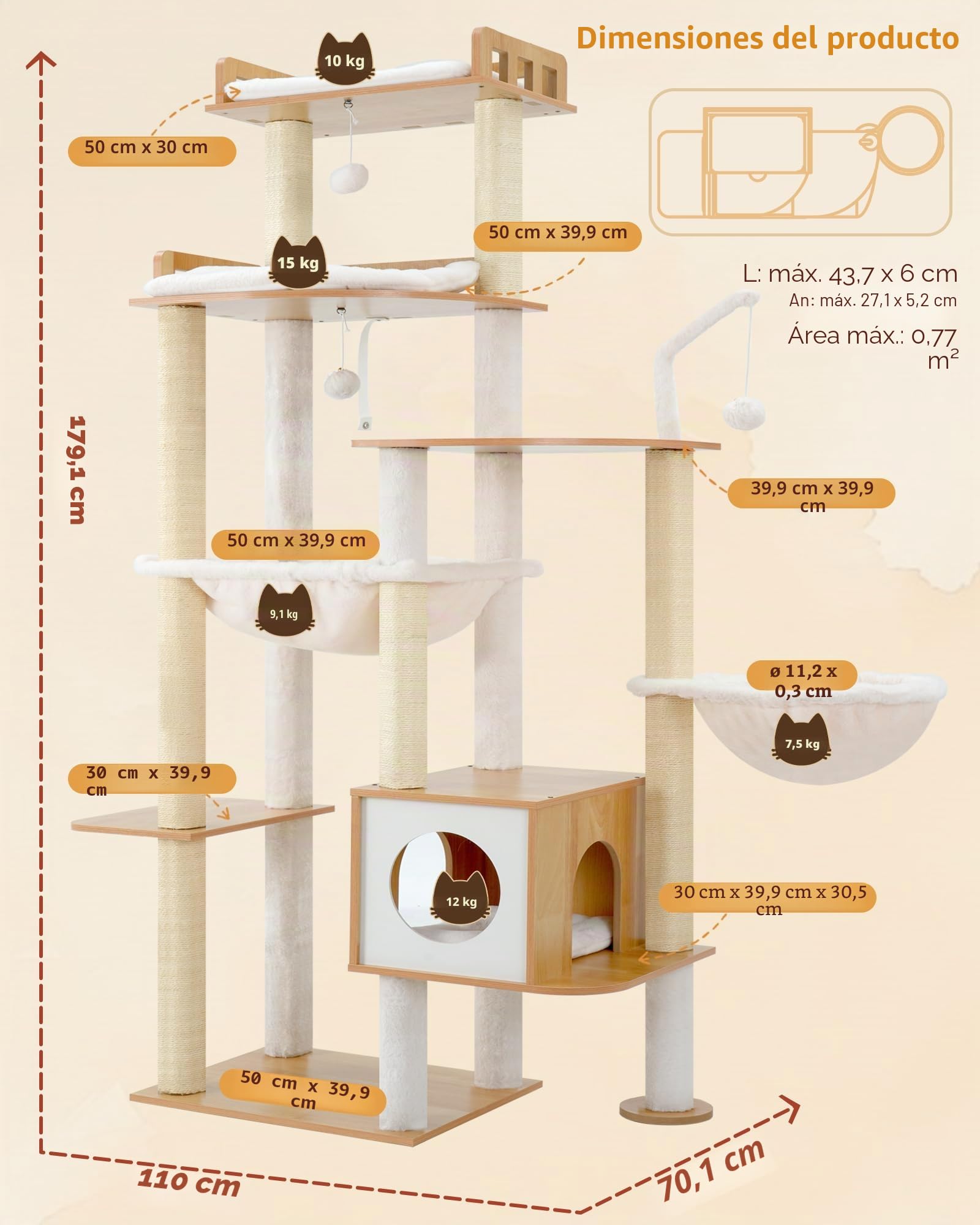 Heybly Árbol rascador para Gatos en Madera, 179 cm de Altura, con Plataforma Grande, Postes Rascadores de Sisal, Casita para Gatos y Hamaca, Construcción Robusta, Montaje Sencillo, Nogal HCT121WB