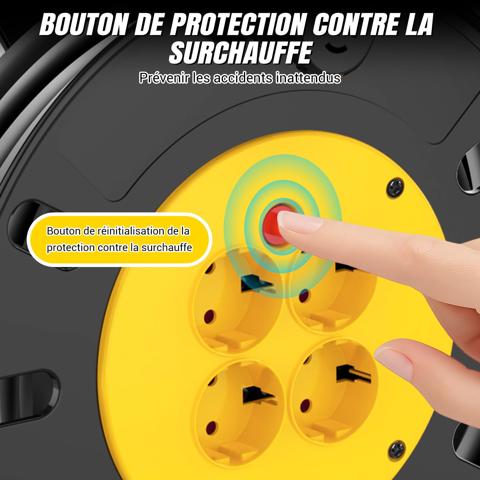 Rallonge électrique extérieure robuste, enrouleur de câble de 25 m, enrouleur à 4 prises avec protection thermique, prise UE 13 A, idéale pour les tondeuses à gazon et les outils électriques