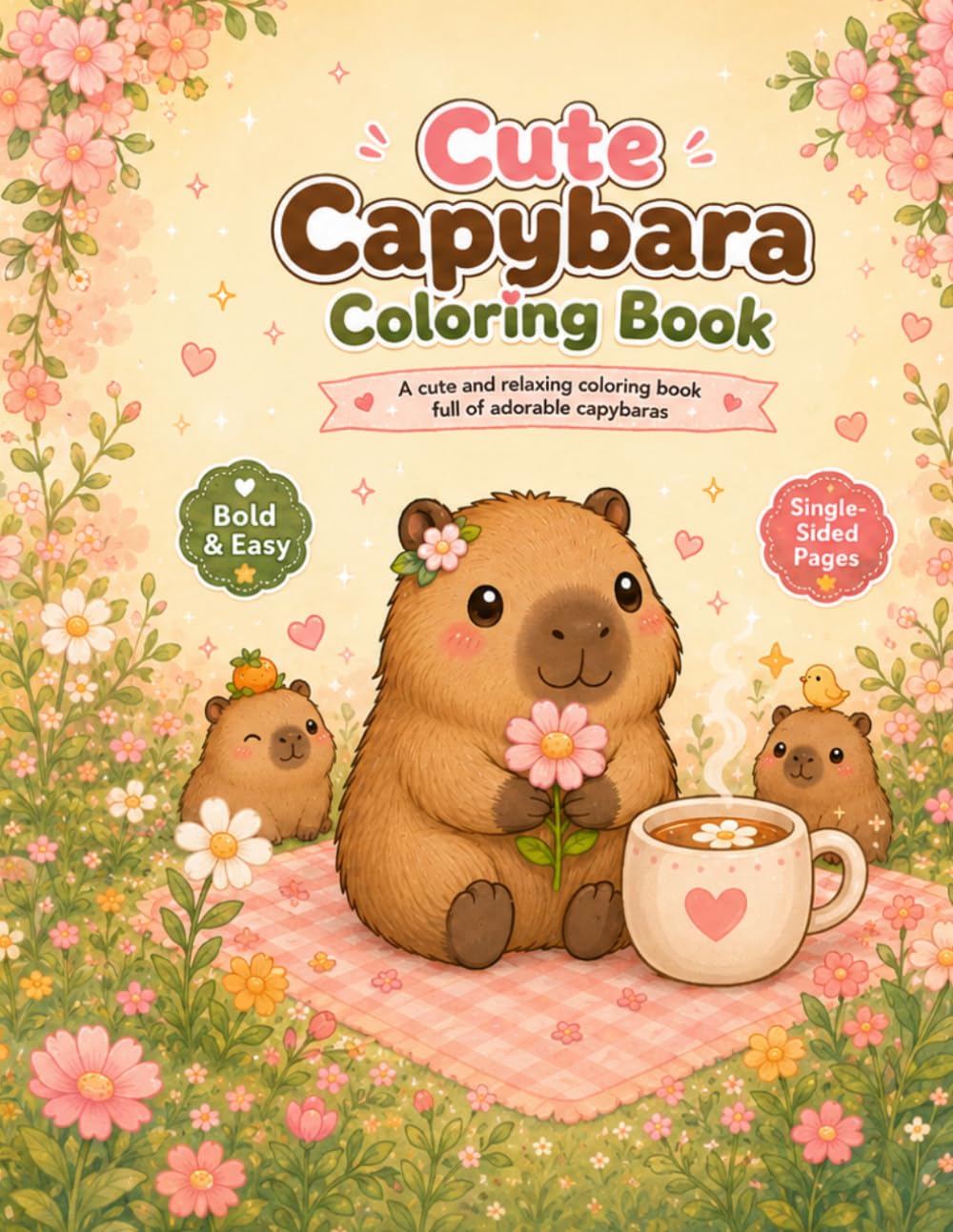Cute Capybara Coloring Book: Bold and Easy Coloring Pages with Cute Capybaras, Cozy Animals, Flowers, and Fun Relaxing Scenes