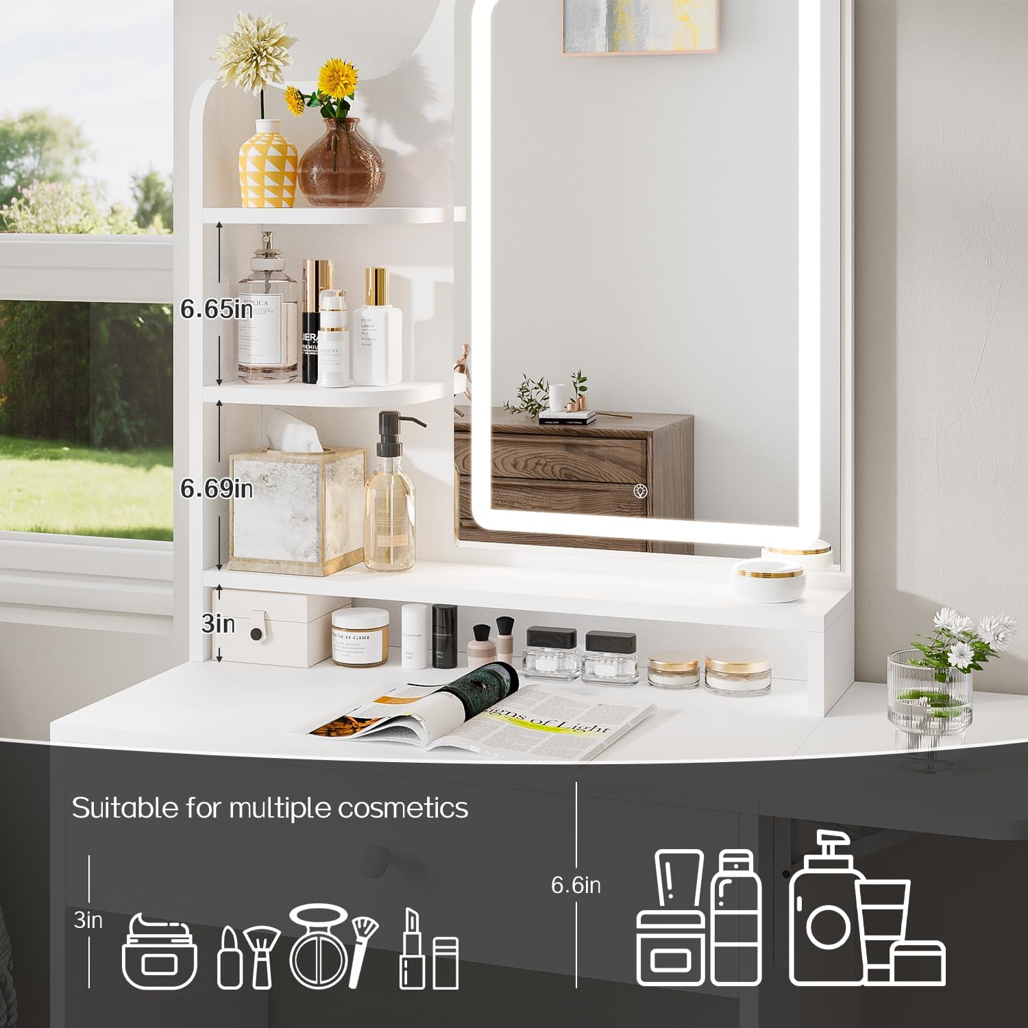 Haewon Small Vanity Desk with Mirror and Lights, White Makeup Vanity with Charging Station, Dressing Table Set with Storage Chair Drawer Shelves and Foldable Panel for Compact Space Bedroom