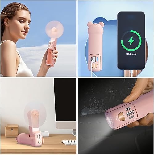 Miniatura 4 de Ventilador de mano portátil, pequeño ventilador personal plegable 26 horas de tiempo de enfriamiento máximo, 3 en 1 USB recargable para viajes al