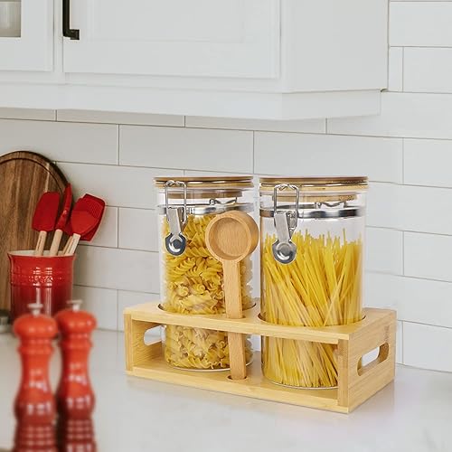 Miniatura 7 de Recipientes de café de vidrio con tapa de bambú con abrazadera de bloqueo hermético, almacenamiento de granos de café de 3 x 45 onzas con estante y