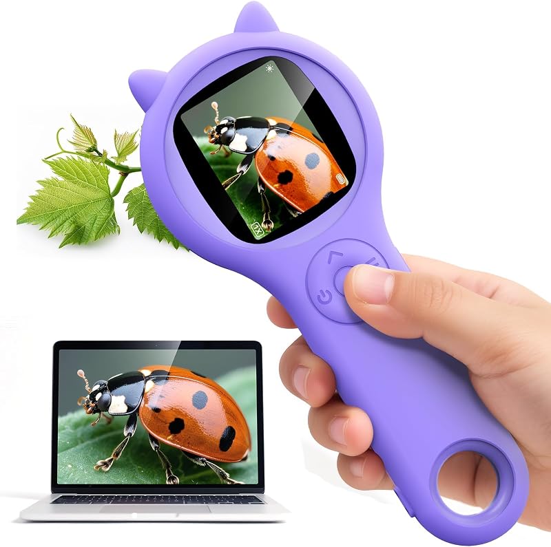 Kids Microscope, 500X Digital Magnifying Glass, STEM Toy, Purple | 2-inch IPS Screen, 8 Adjustable LEDs, Macro Autofocus, Built-in Photo Storage, USB-C Charging and Windows PC Viewing