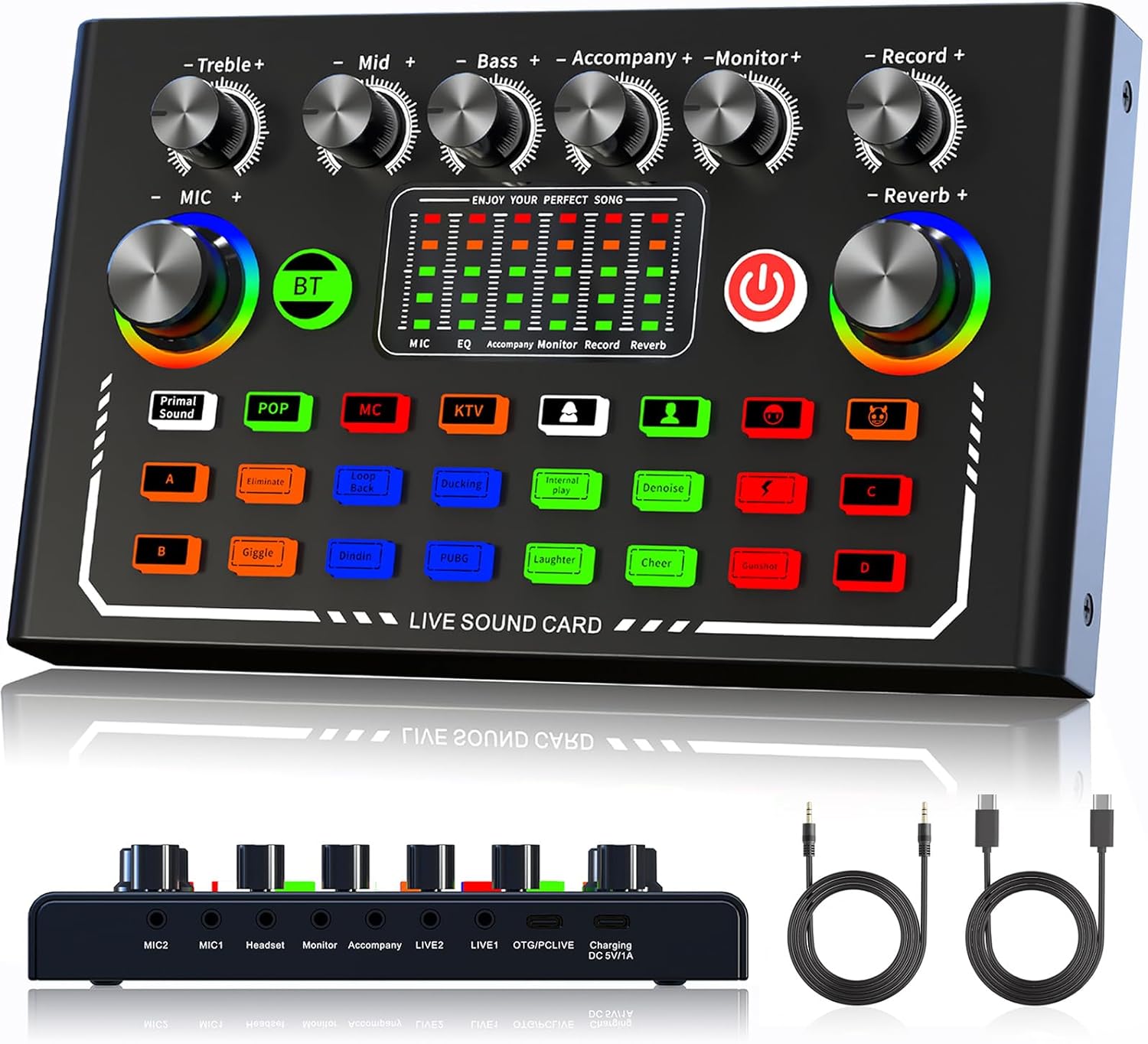 Facmogu F009 Live Sound Card, Wireless Bluetooth Audio Mixer, Podcast Audio Mixer with RGB Colorful Buttons, All-in-One Podcast DJ Device Live Broadcast Sound Card for PC Phone Karaoke Singing Gaming