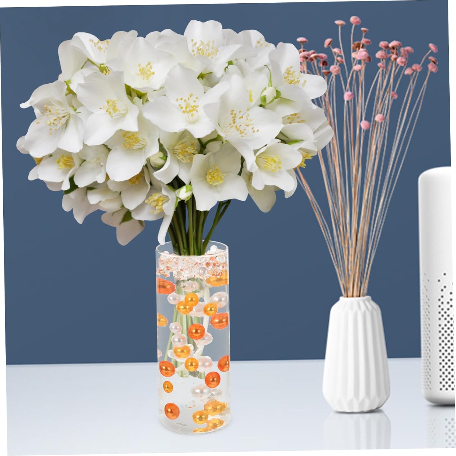 400pcs Floating Fake Pearl Beads No Vase Filler Decorative Simulated Pearls for Centerpieces Home Wedding Party Crafts Orange White