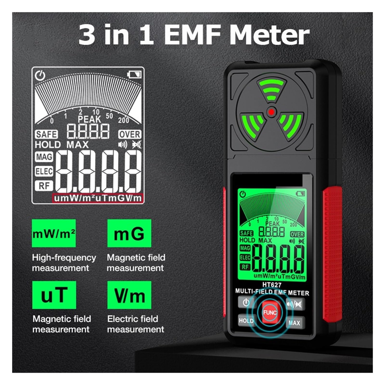 Liczniki Geigera, HT627 3 w 1 miernik EMF przenośny cyfrowy detektor promieniowania elektromagnetycznego pole elektryczne/pole magnetyczne/detektor promieniowania