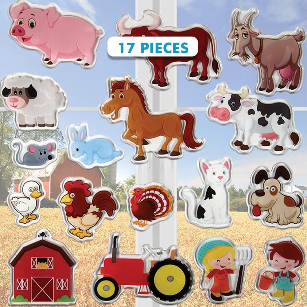 JesPlay Fantastic Farm Animals Thick Printed Gel Clings - Reusable Window Clings for Kids and Adults - Incredible Gel Decals of Pig, Horse, Dog, Cat, Cow, Duck, Chicken