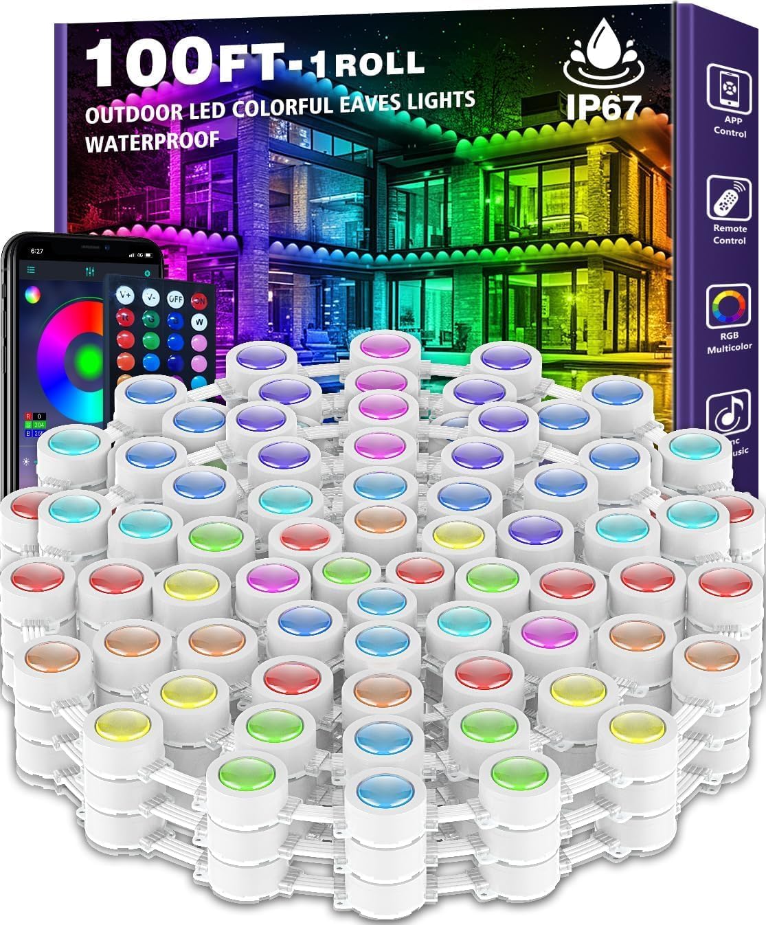 100FT Permanent RGB Eaves Lights with App Control Remote, DIY Scene Modes, IP67 Waterproof Outdoor Under Eave Lighting for Garden Decor, House, Party, Holiday
