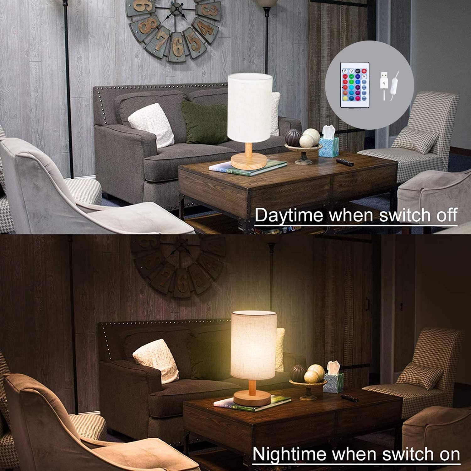 Minimalist Bedside Table Lamp Giraffes Wood Nightstand Lamp Bedside Desk Lamp Wood Base Flaxen Fabric Shade for Bedroom Living Room, 5.5x11inch