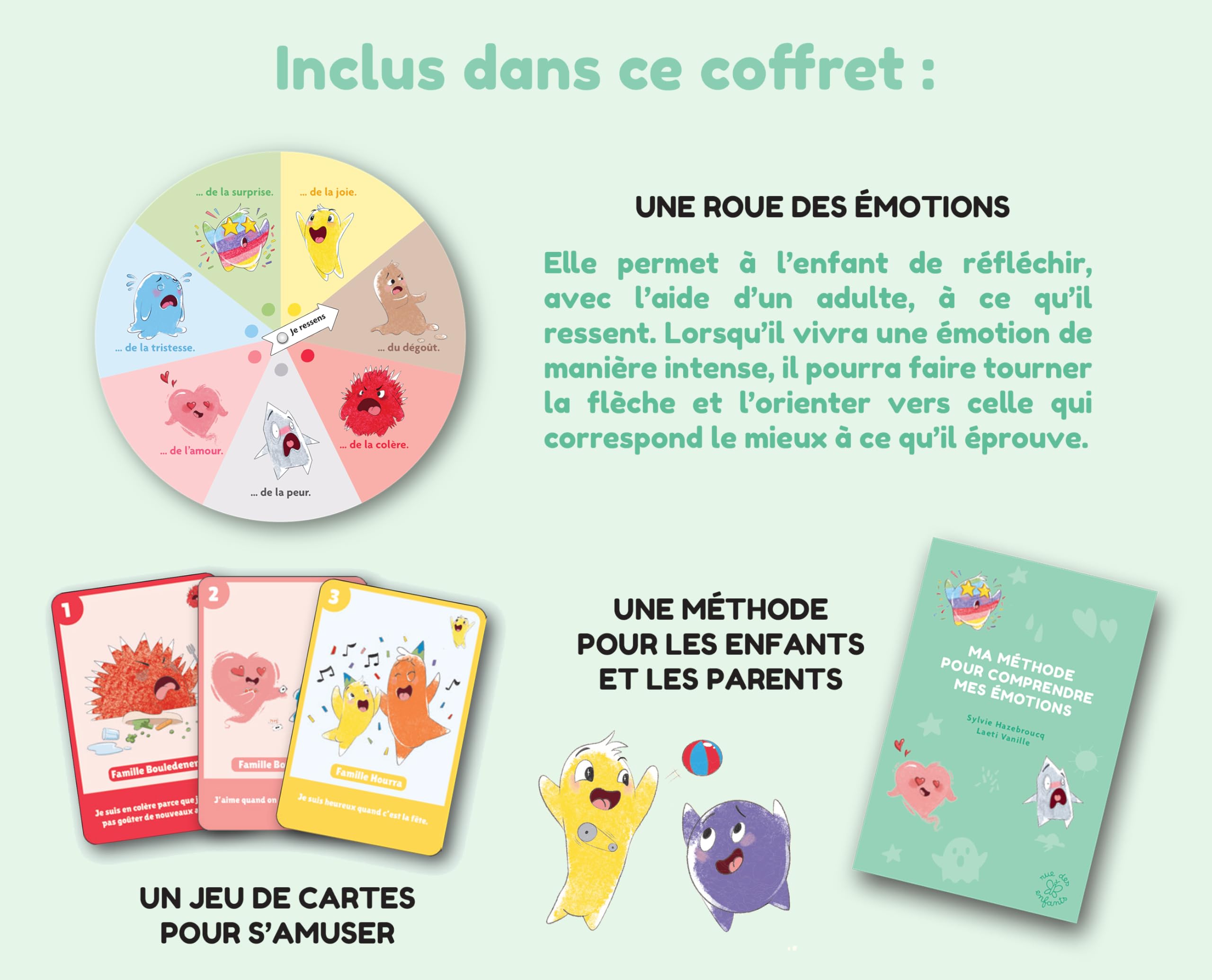 Coffret - Ma roue des émotions : les découvrir, les comprendre et les exprimer: Avec un livre de 64 pages, un jeu de 7 familles et une roue en bois