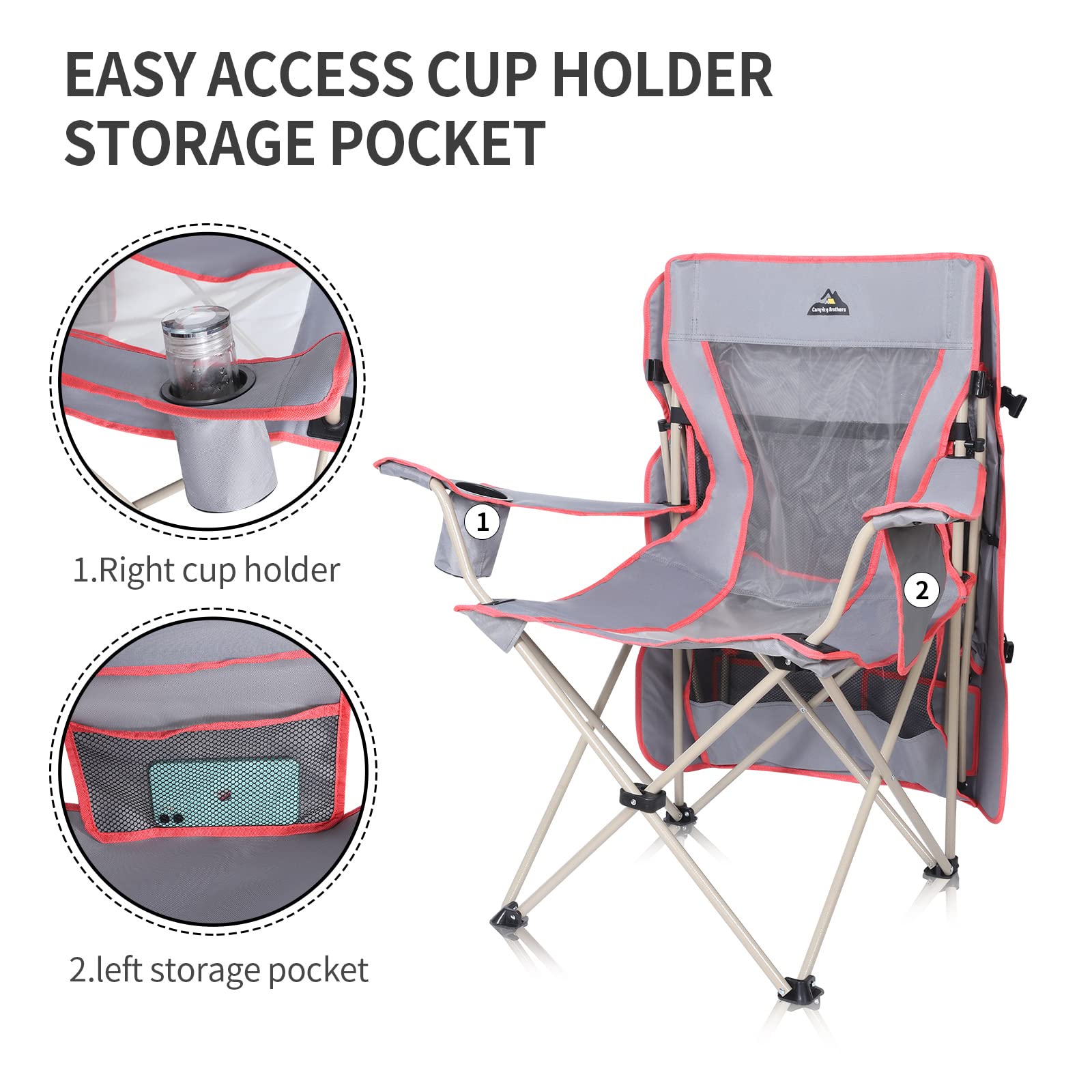 Silla de camping con toldo de sombra, silla de patio plegable al aire libre, incluye parasol retráctil, portavasos y bolsillos laterales (gris)