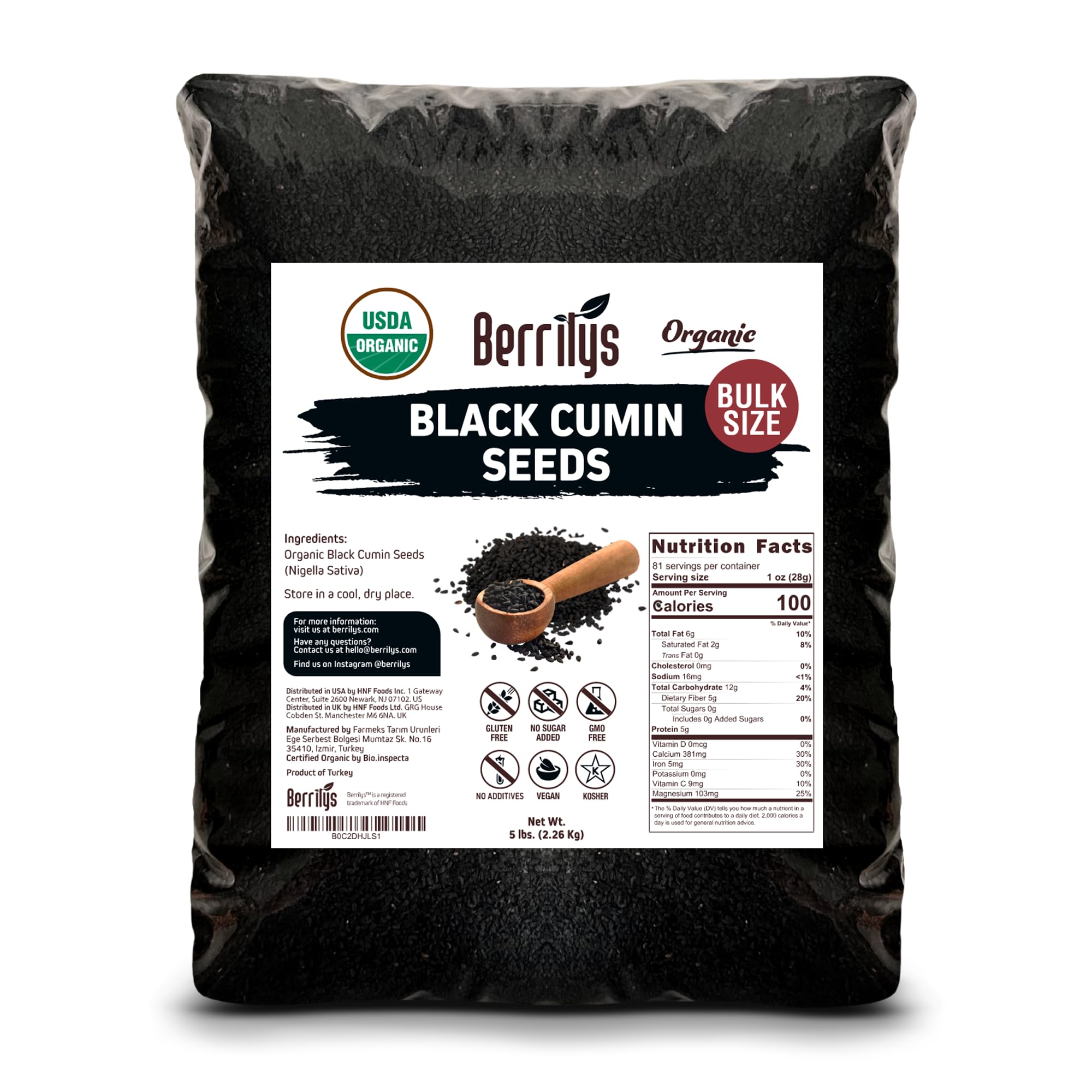 Black Cumin Seeds, Organic, Berrilys, 5 LB, Also Known As Nigella Sativa, Kalonji, Black Seed, Great for Baking, Cooking and Bread Making, Vegan, Keto