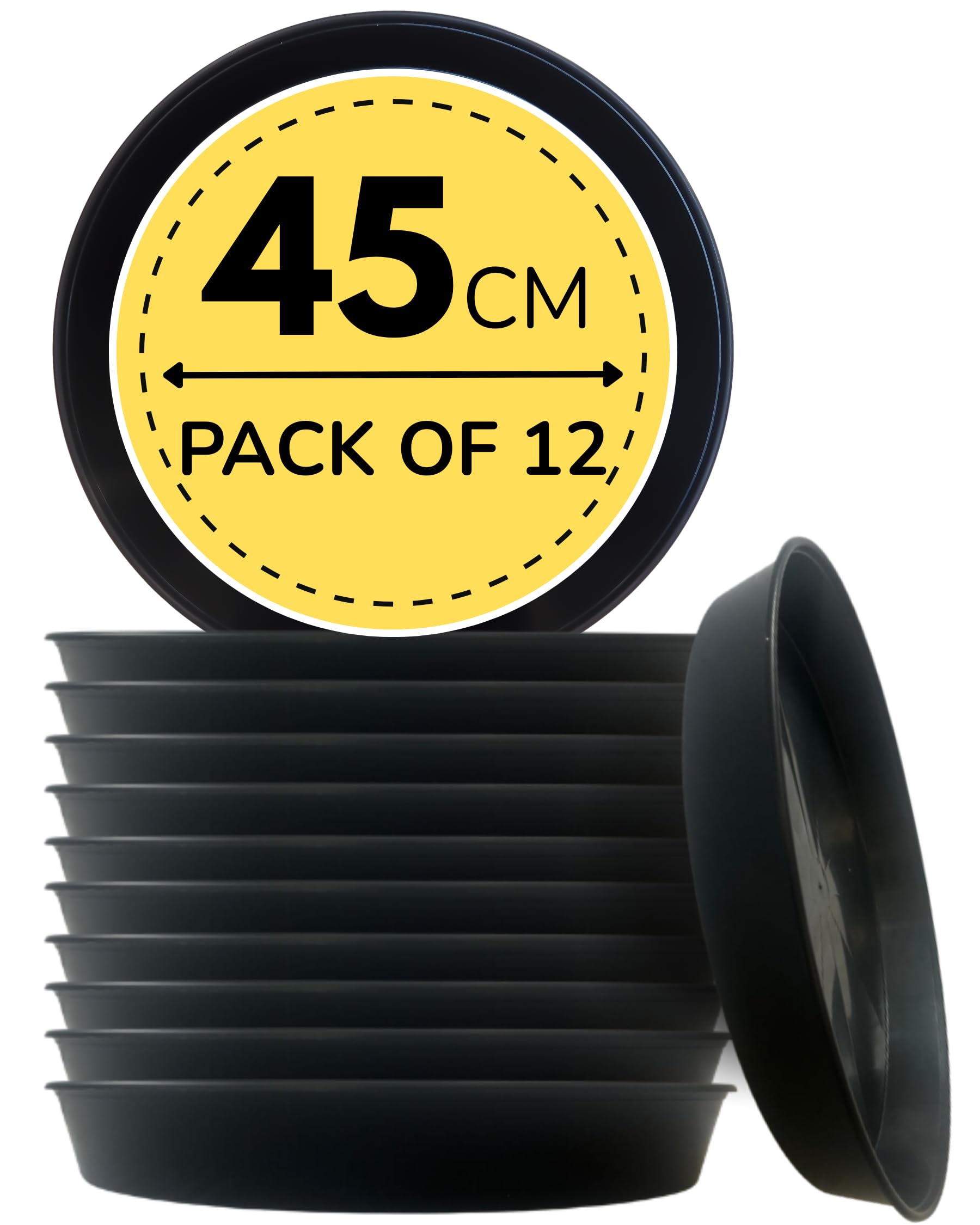 Growers Own 45cm Round Plant Saucers – Pack of 12 Heavy Duty Planter Drip Trays. Protect Surfaces from Water Damage & Stains. Weatherproof & Easy to Clean. Durable For Indoor & Outdoor Use. Black — image 1