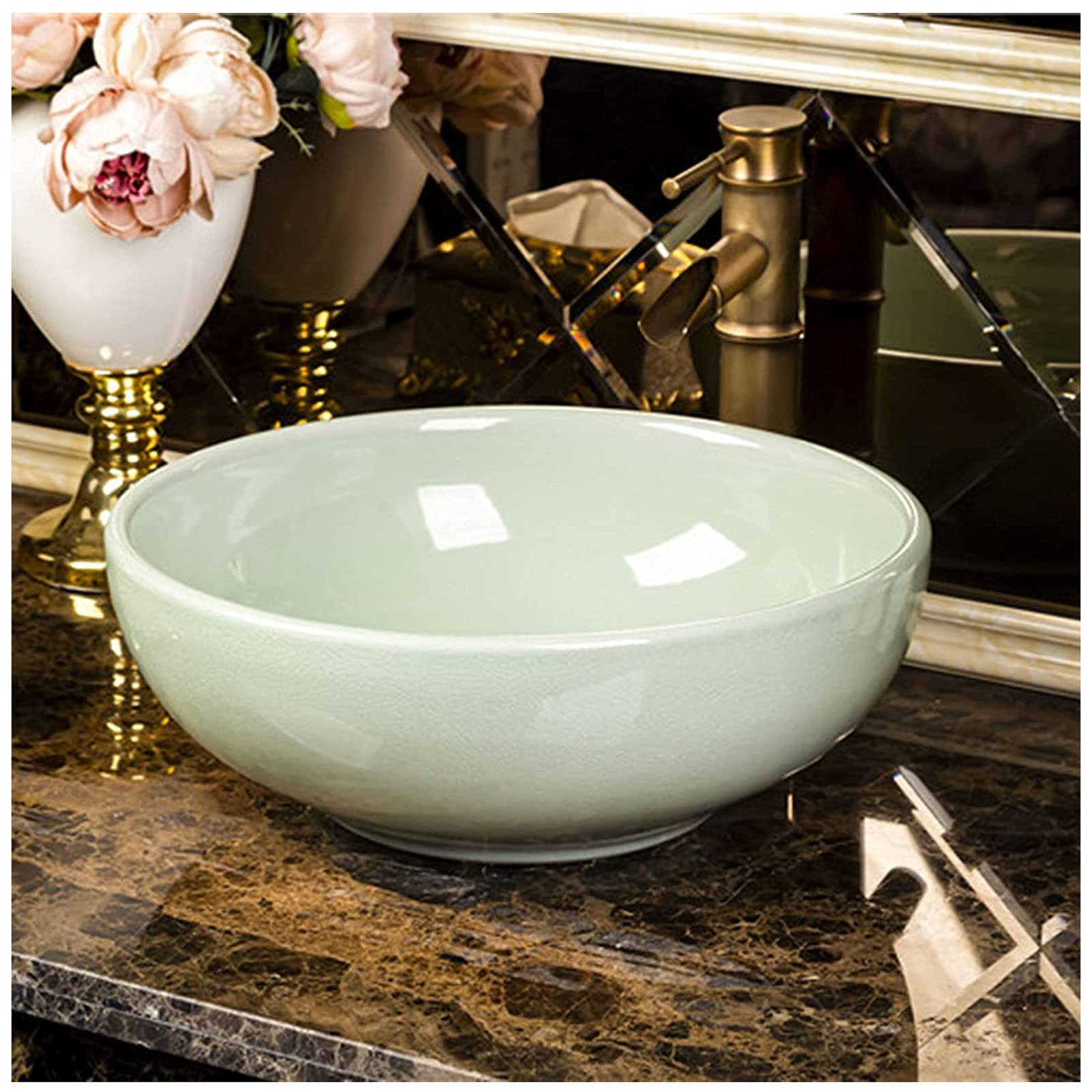 CSXSXAUO Ceramic Above Counter Vessel Sink - Hand Engraved Retro Design for Bathroom Vanity