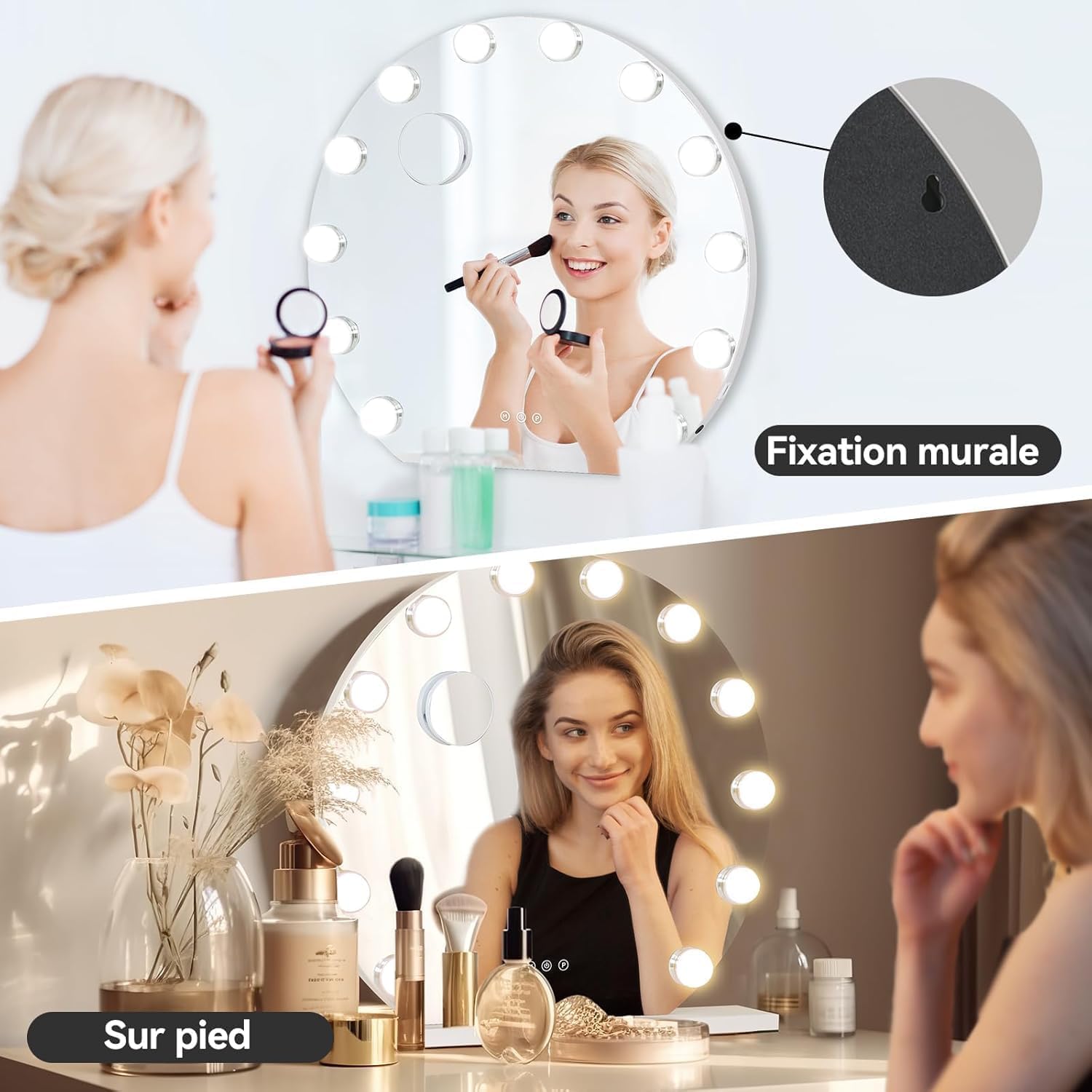 YOURLITE Miroir Maquillage Hollywood Rond 50CM, 12 Ampoules LED,3 températures de lumière réglables et dimmables,Loupe grossissante 10x, Port de Chargement USB, Installation sur Table ou Murale