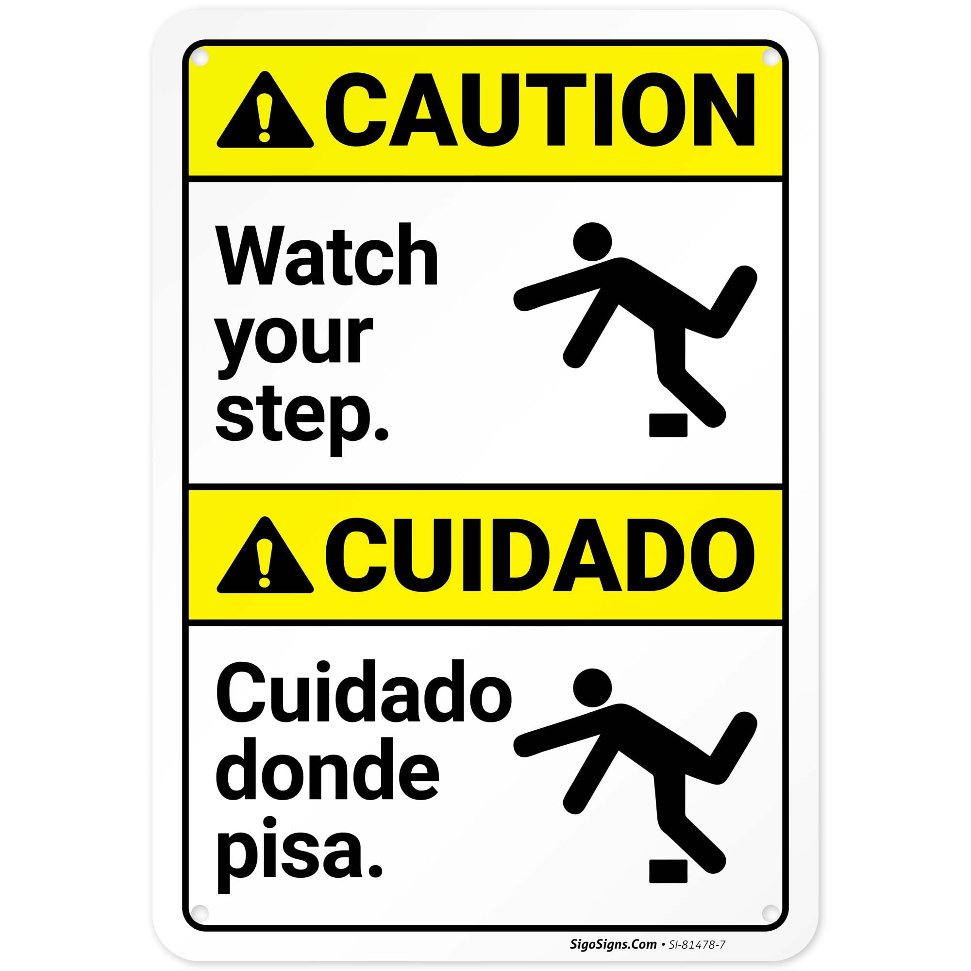 Caution Watch Your Step Bilingual ANSI Sign, 10x7 Inches, 55 mil Thick HDPS (high Density polystyrene), Made in USA