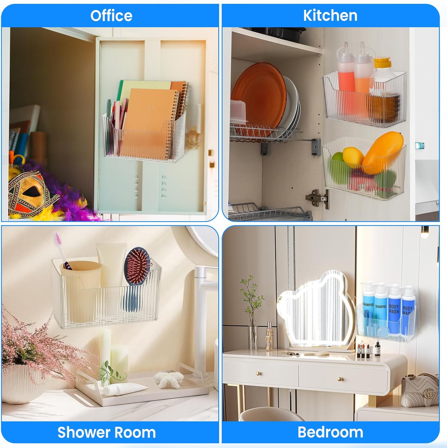 JIEYAO 6 PCS Adhesive Cabinet Door Organizers, Clear PET Storage Caddy with Hooks No Drill Wall Mount Wrap Holders Organizer for Kitchen Bathroom Office 7.7 x 3.3 x 4.6 inches